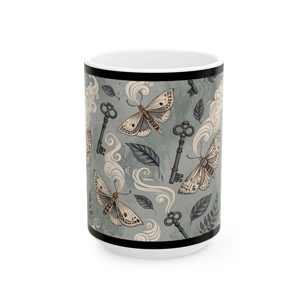 Mug with butterfly and key design on a gray background