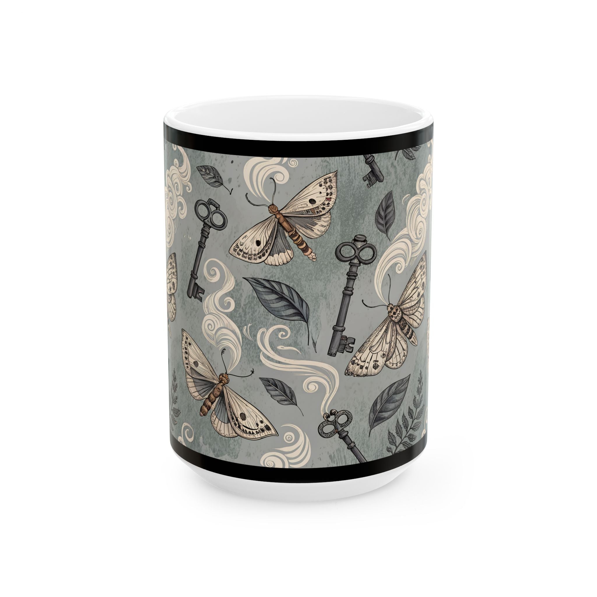 Mug with butterfly and key design on a gray background