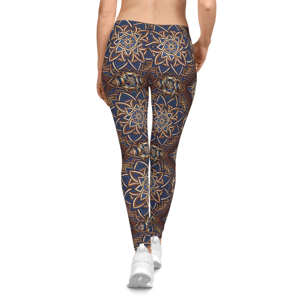 Leggings with a Celtic pattern worn by a person on a white background