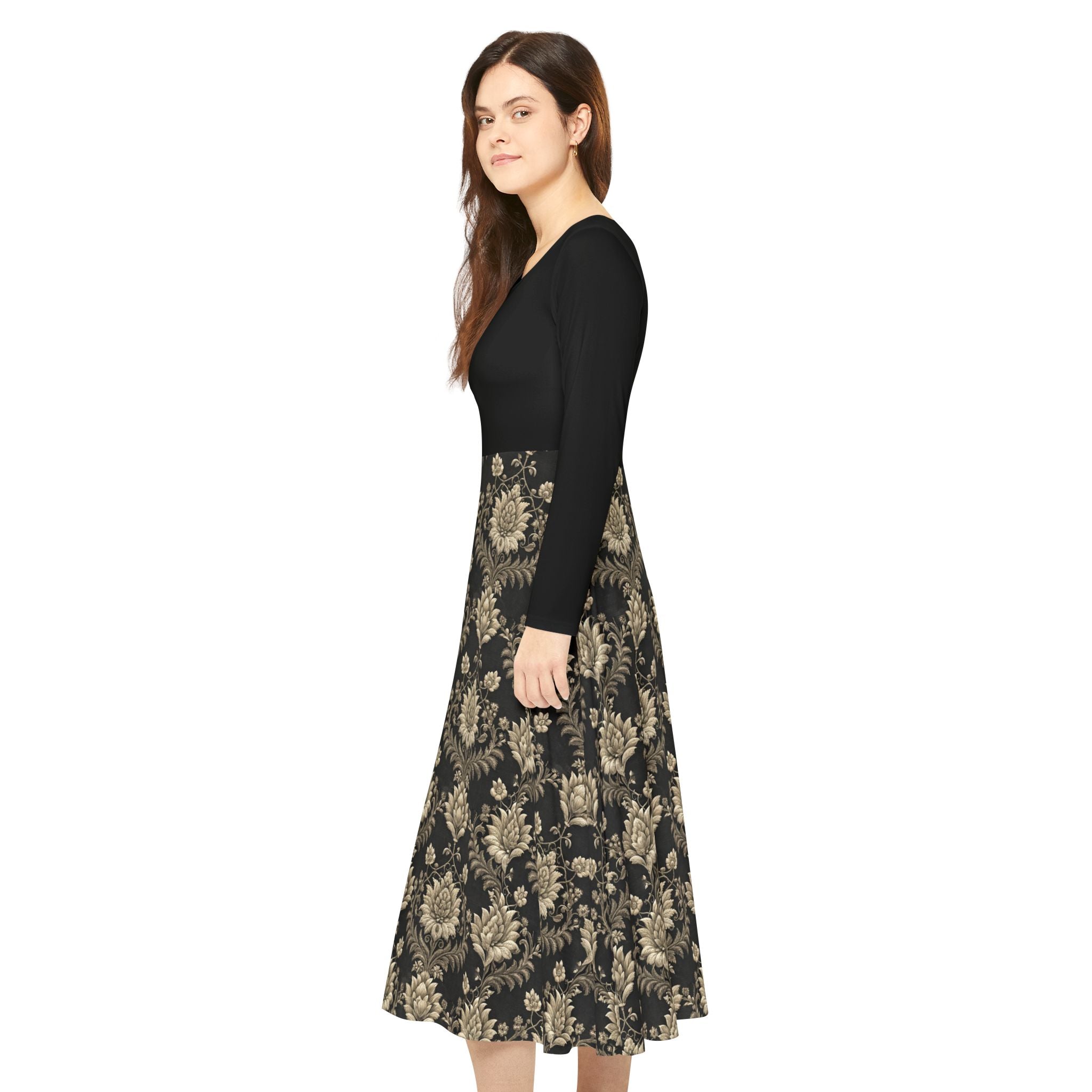 Model wearing a black Victorian print dress on a white background