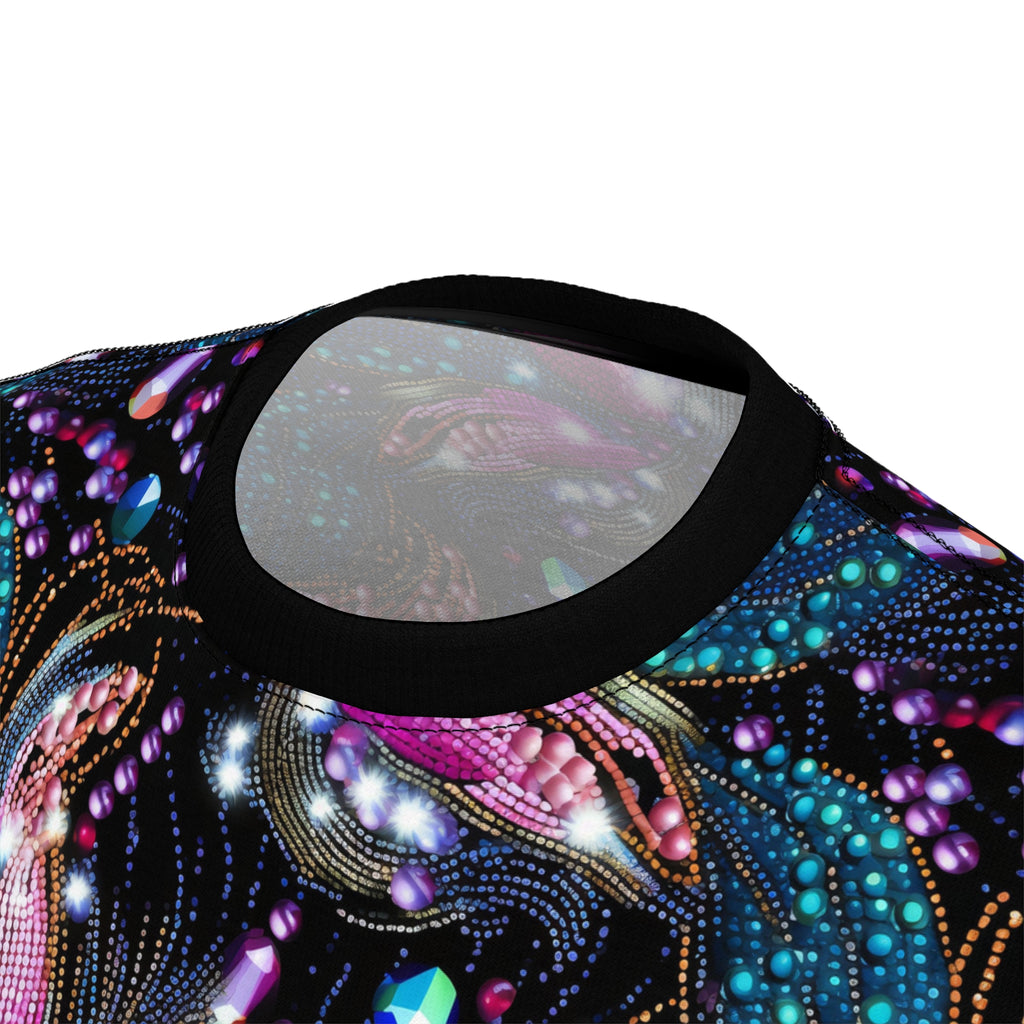 Close-up of a colorful, patterned shirt with a black neckline.