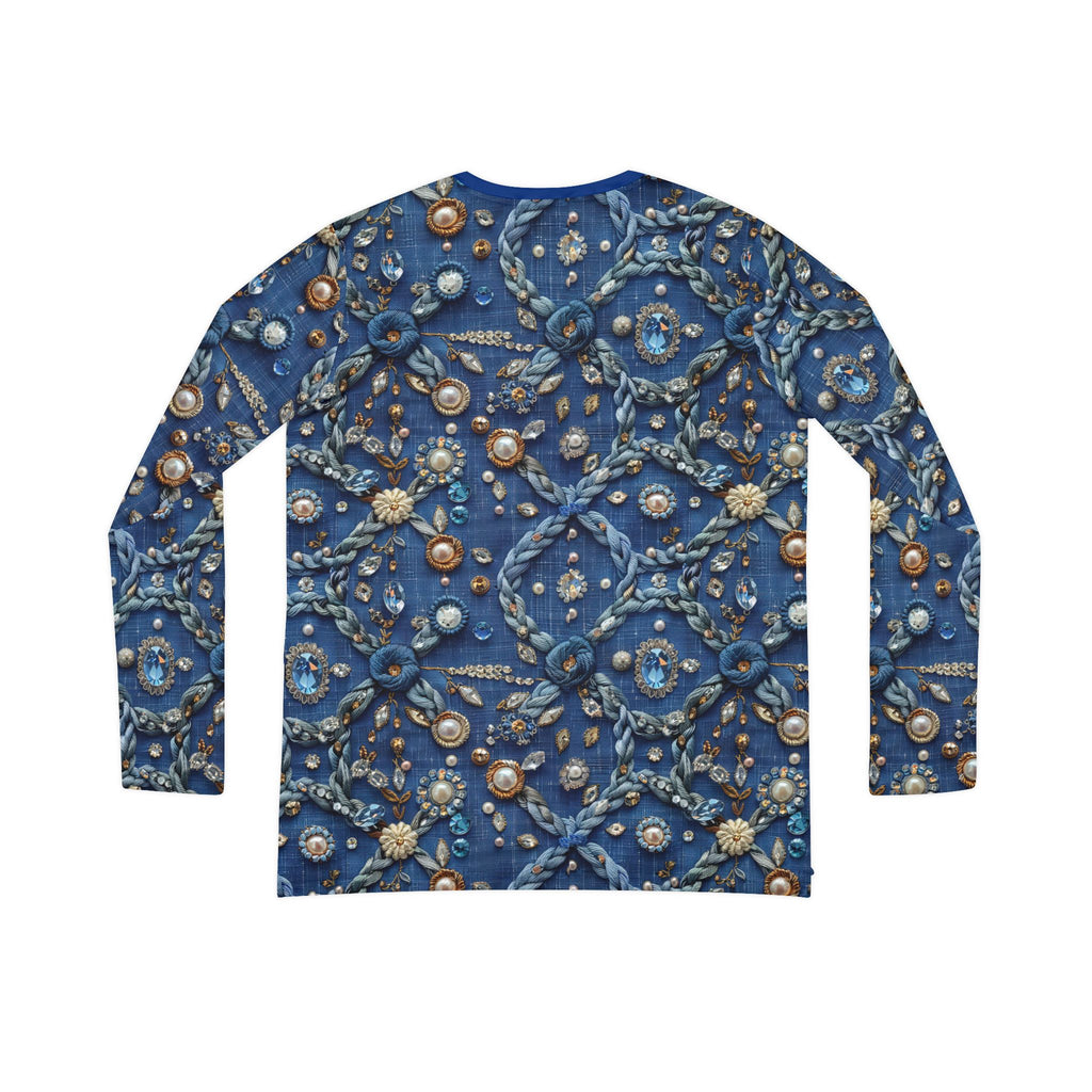 Blue long-sleeve shirt with intricate beadwork on a white background