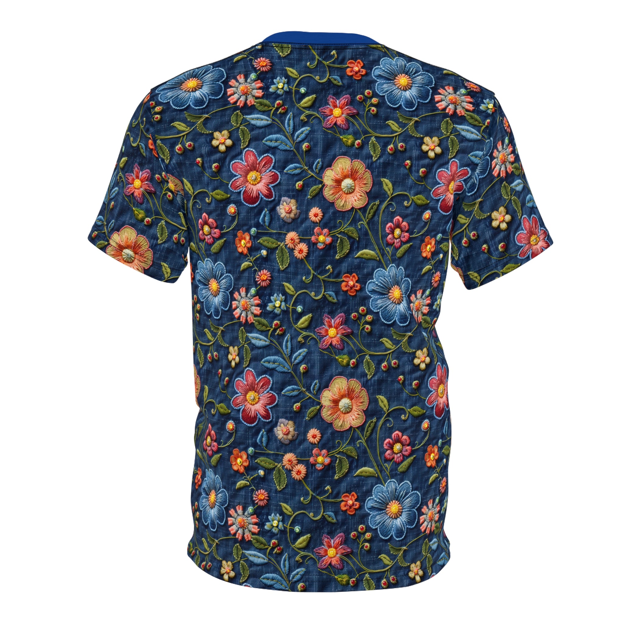 Floral patterned t-shirt on a navy background