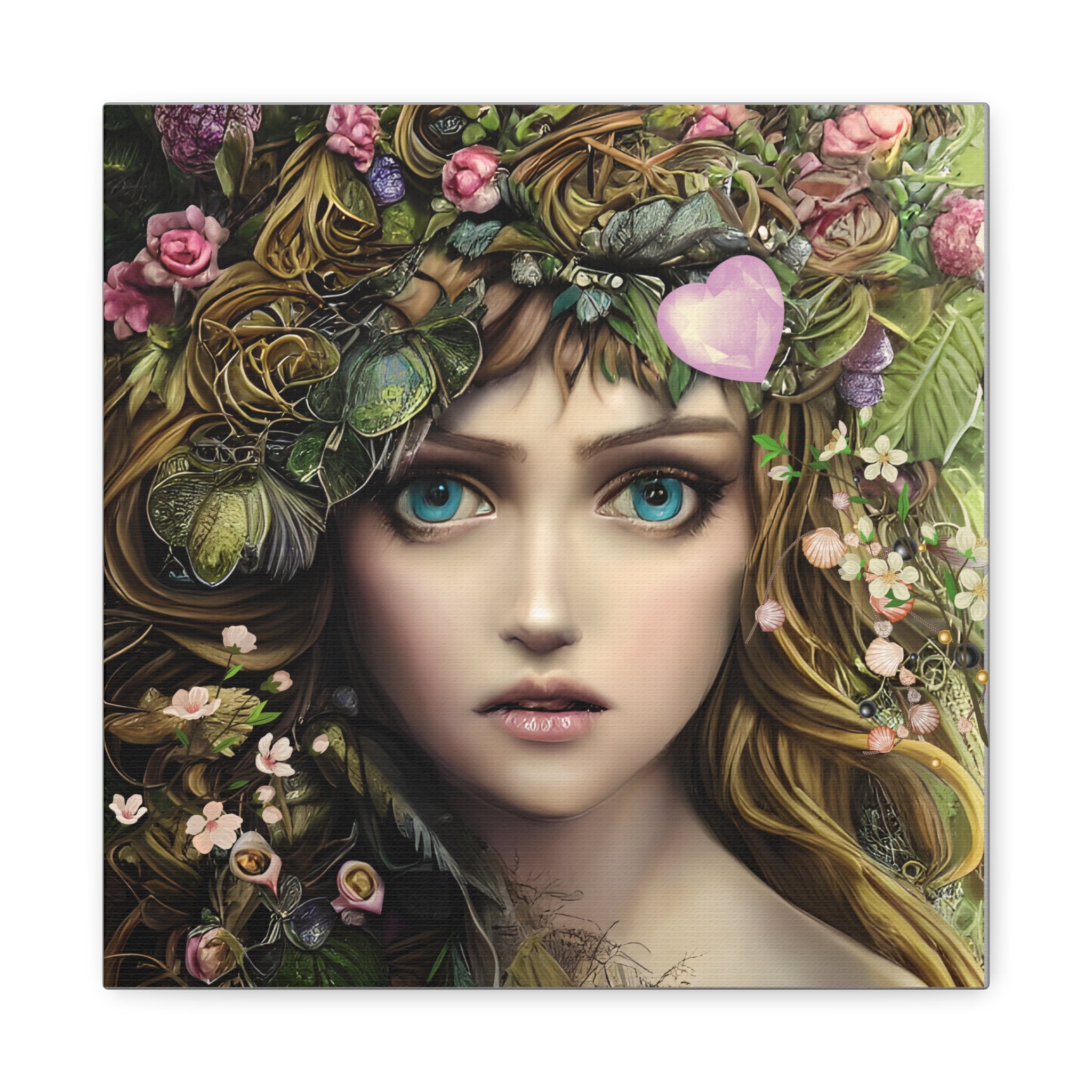 Artistic depiction of a woman's face with floral and leafy wreath on a white background