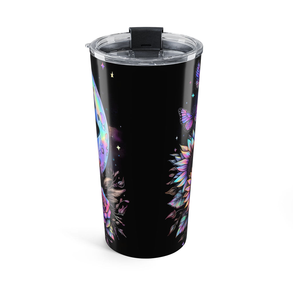 Tumbler with a witch design featuring flowers on a black background