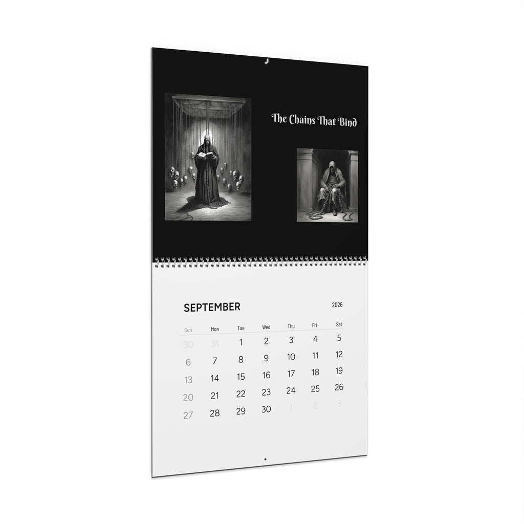 Calendar with black and white images and text on a white background