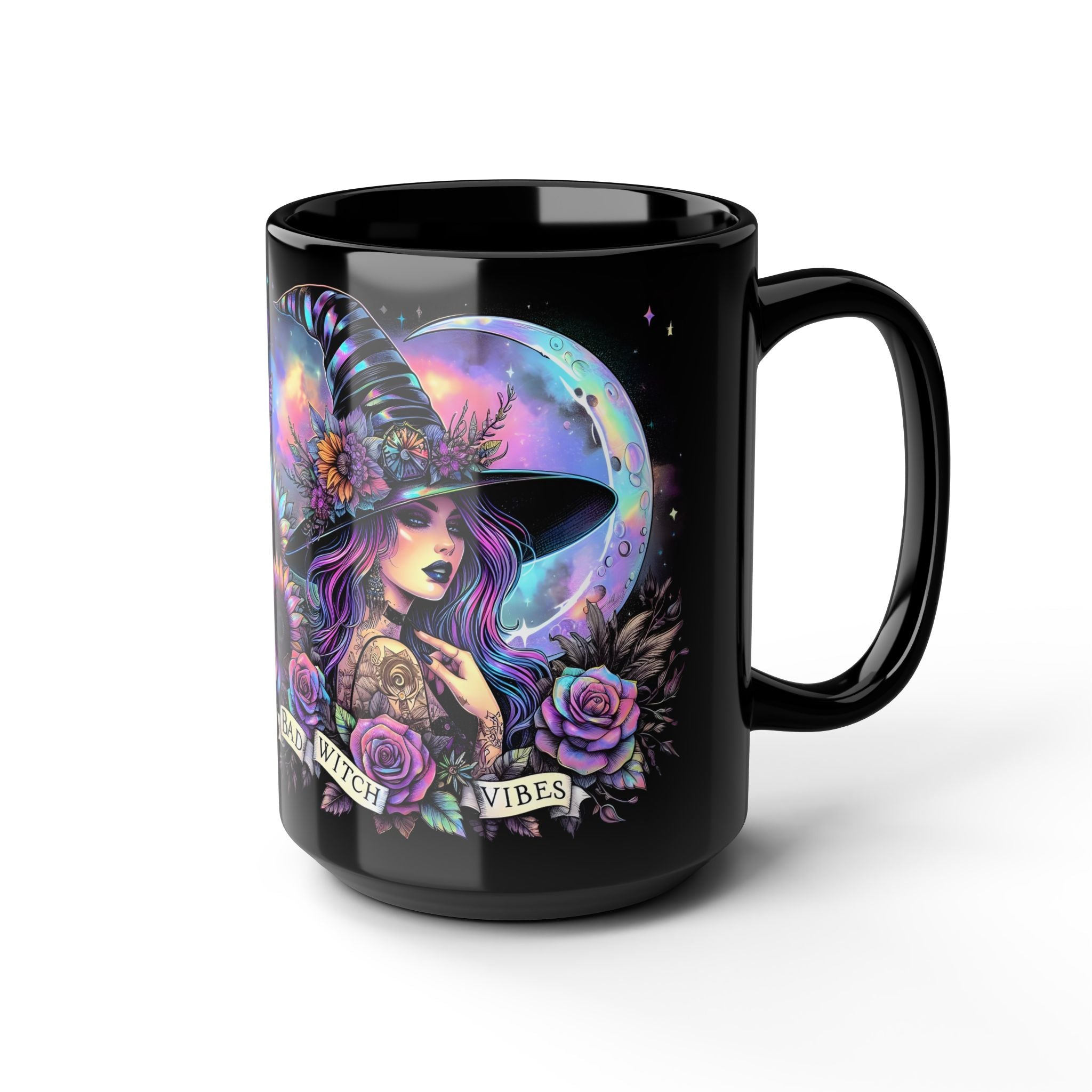Bad Witch Vibes 15oz Black Mug — Gothic Witch Sunflower Moon Design