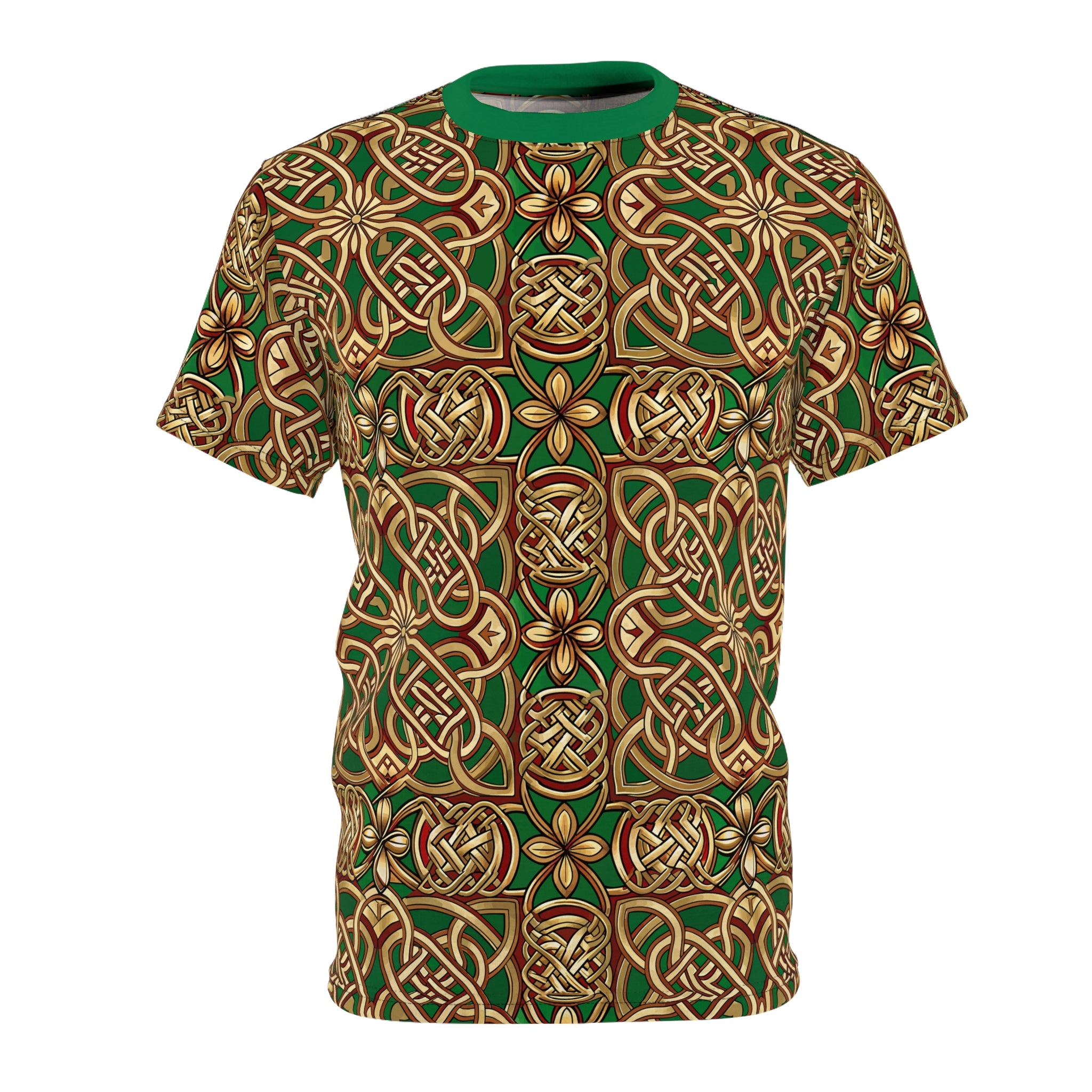 Celtic Knot Pattern Tee — Green & Gold All-Over Print