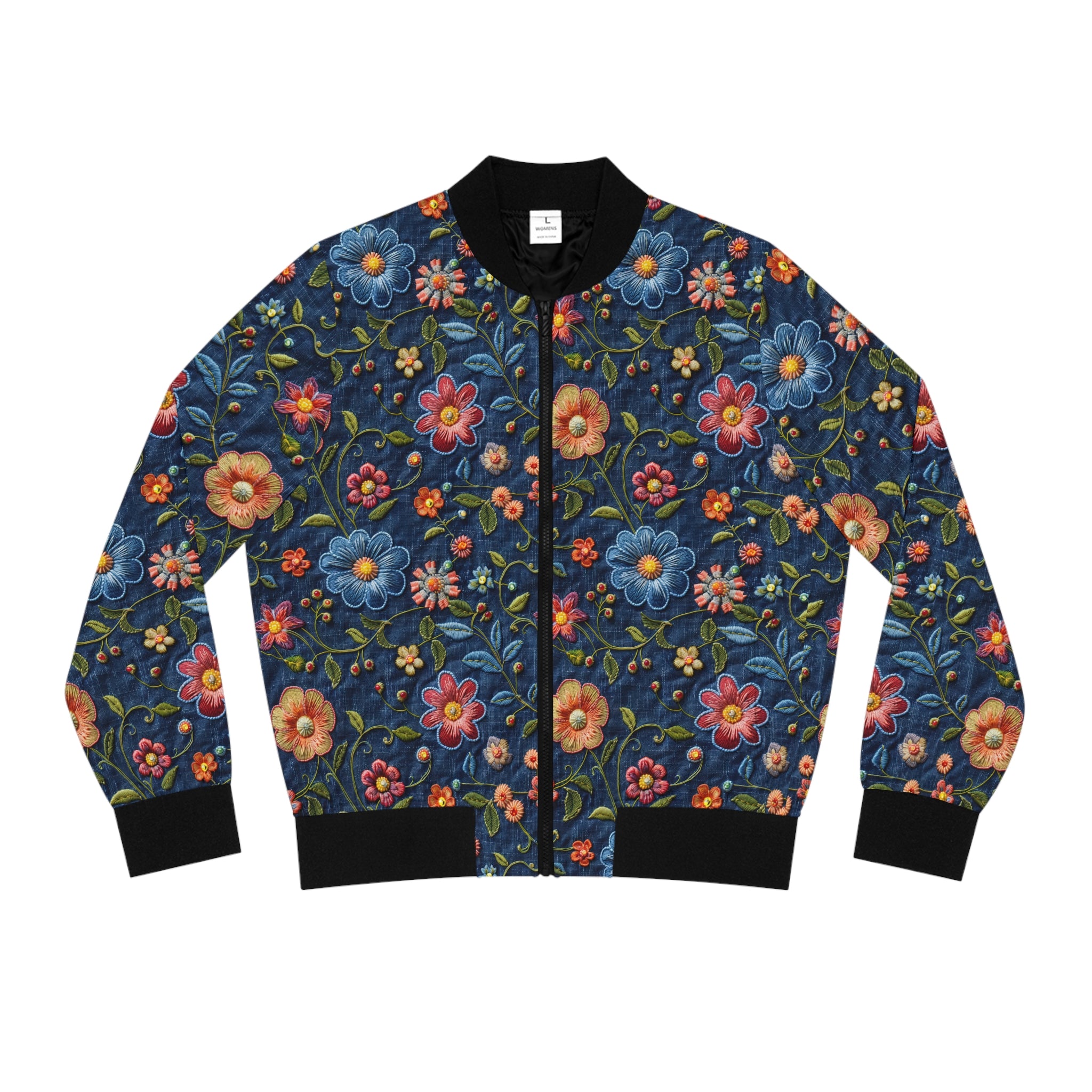 Floral patterned bomber jacket on a white background