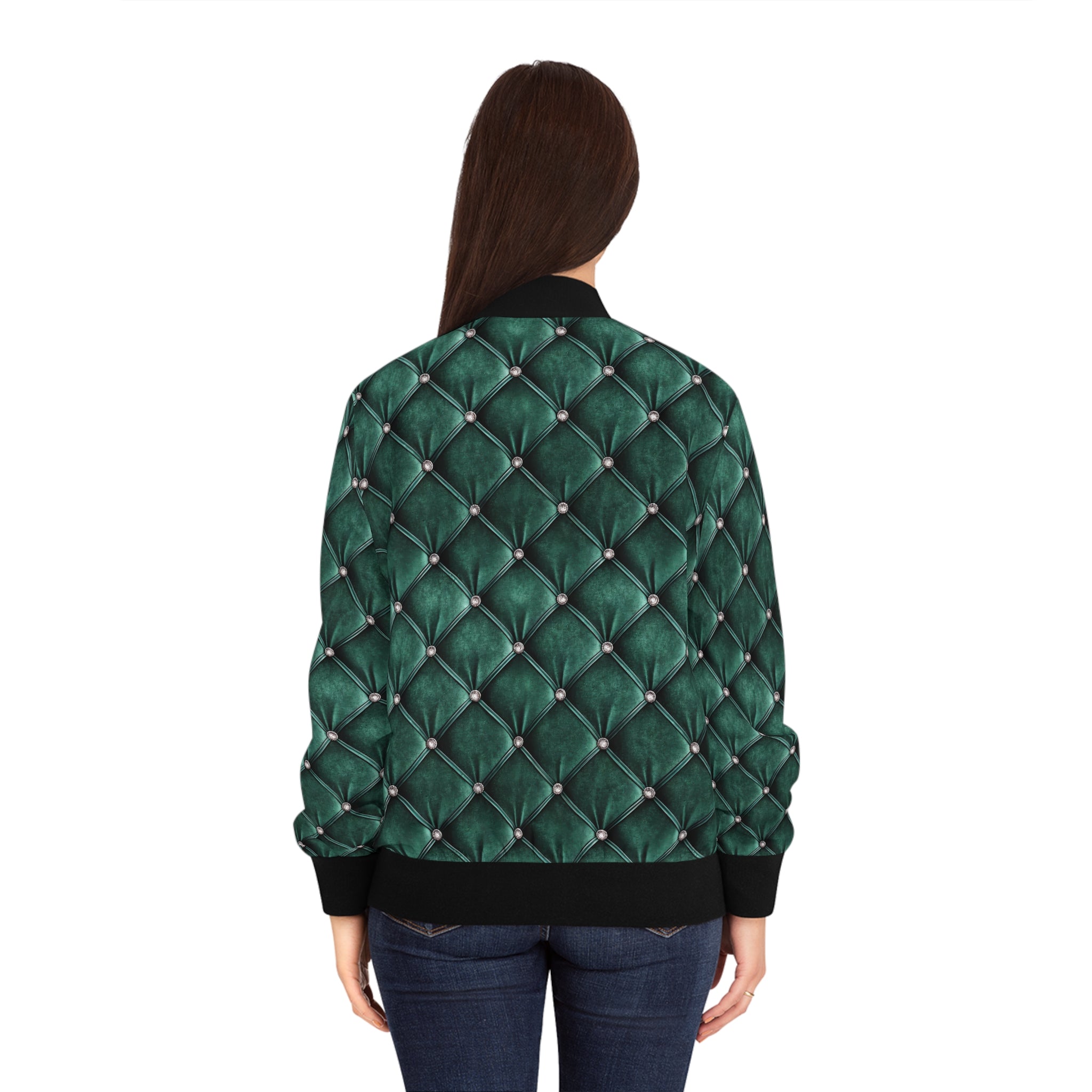 Model wearing a green faux tufted bomber jacket on a white background.