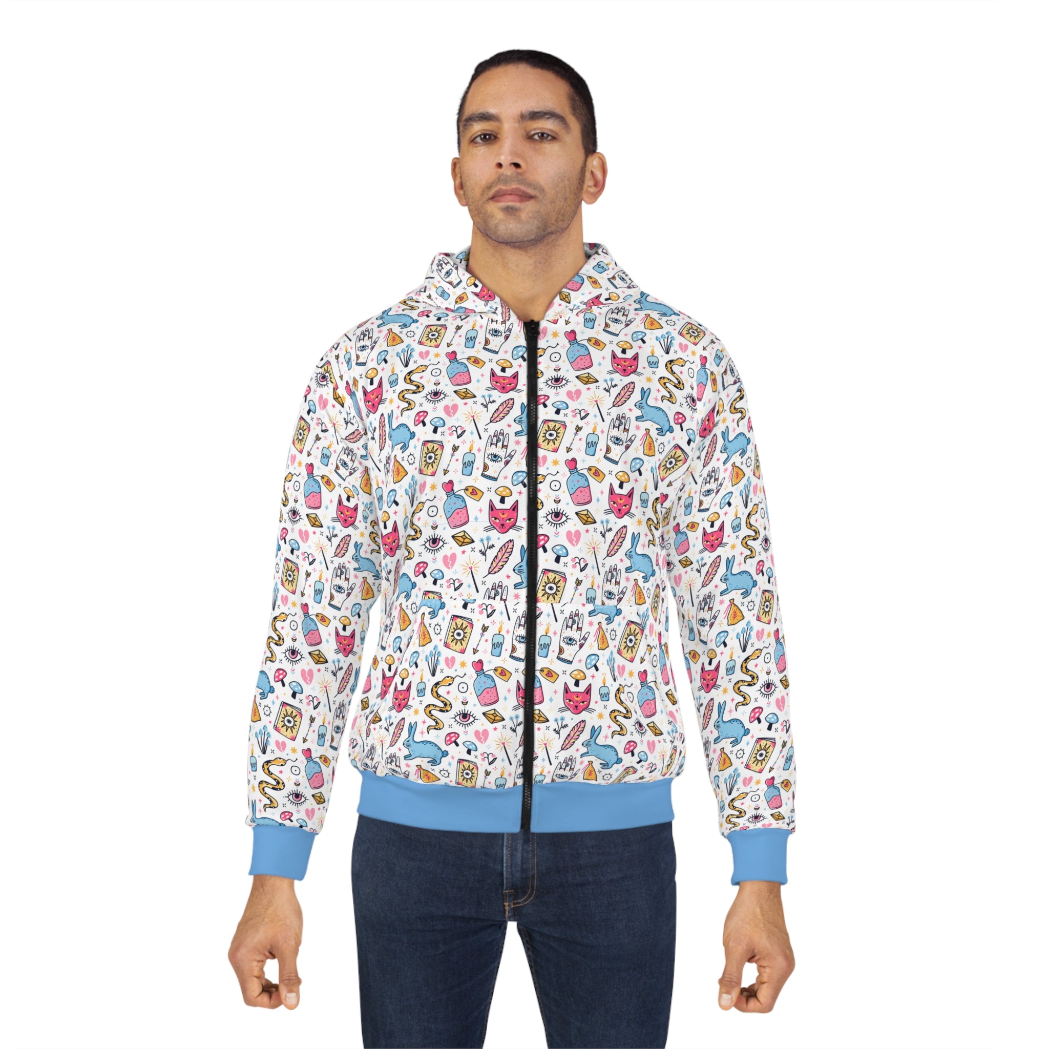 Bunny Magic Zip Hoodie — All-Over Print Cartoon Icons