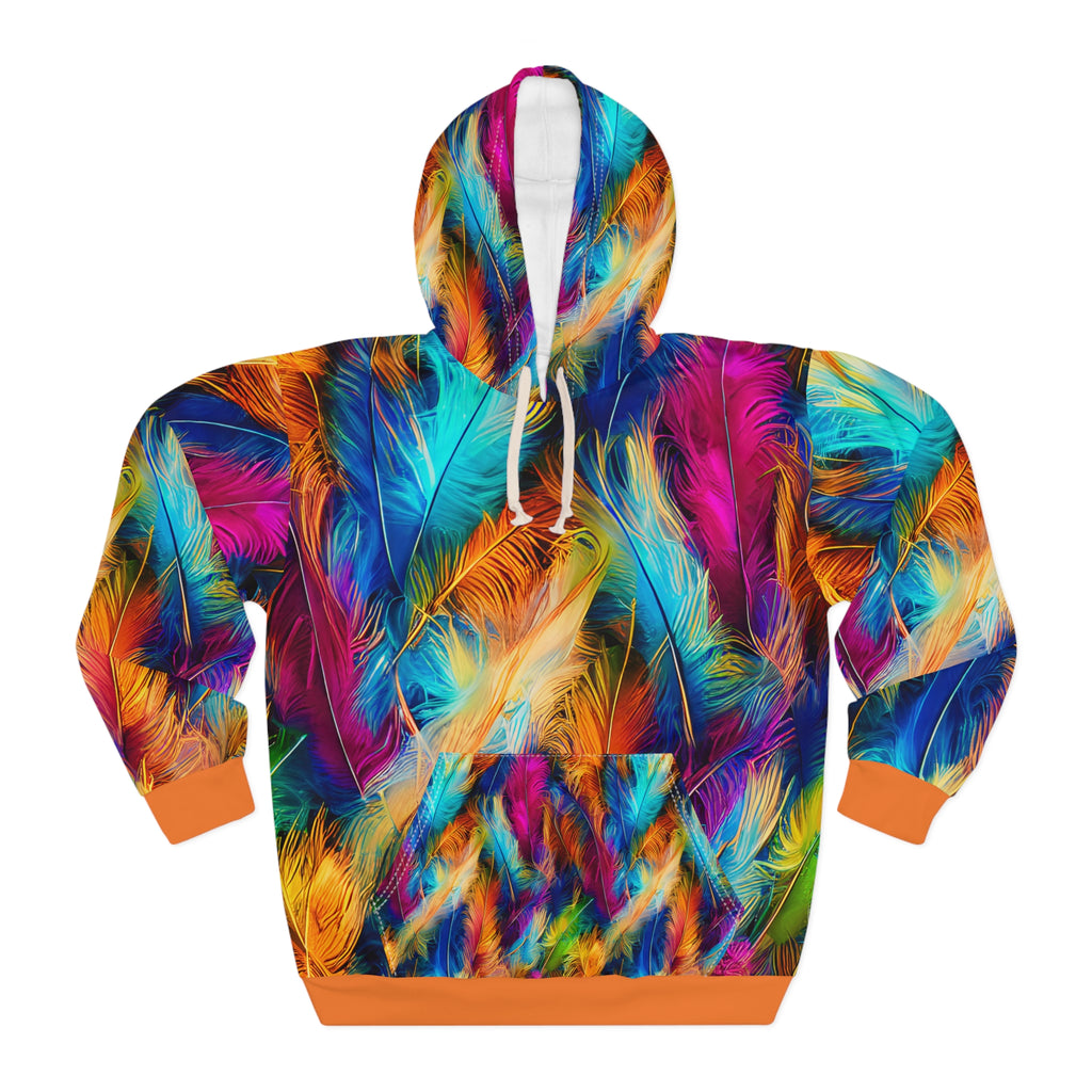 Featherburst All-Over Print Hoodie — Vibrant Multicolor Feather Design