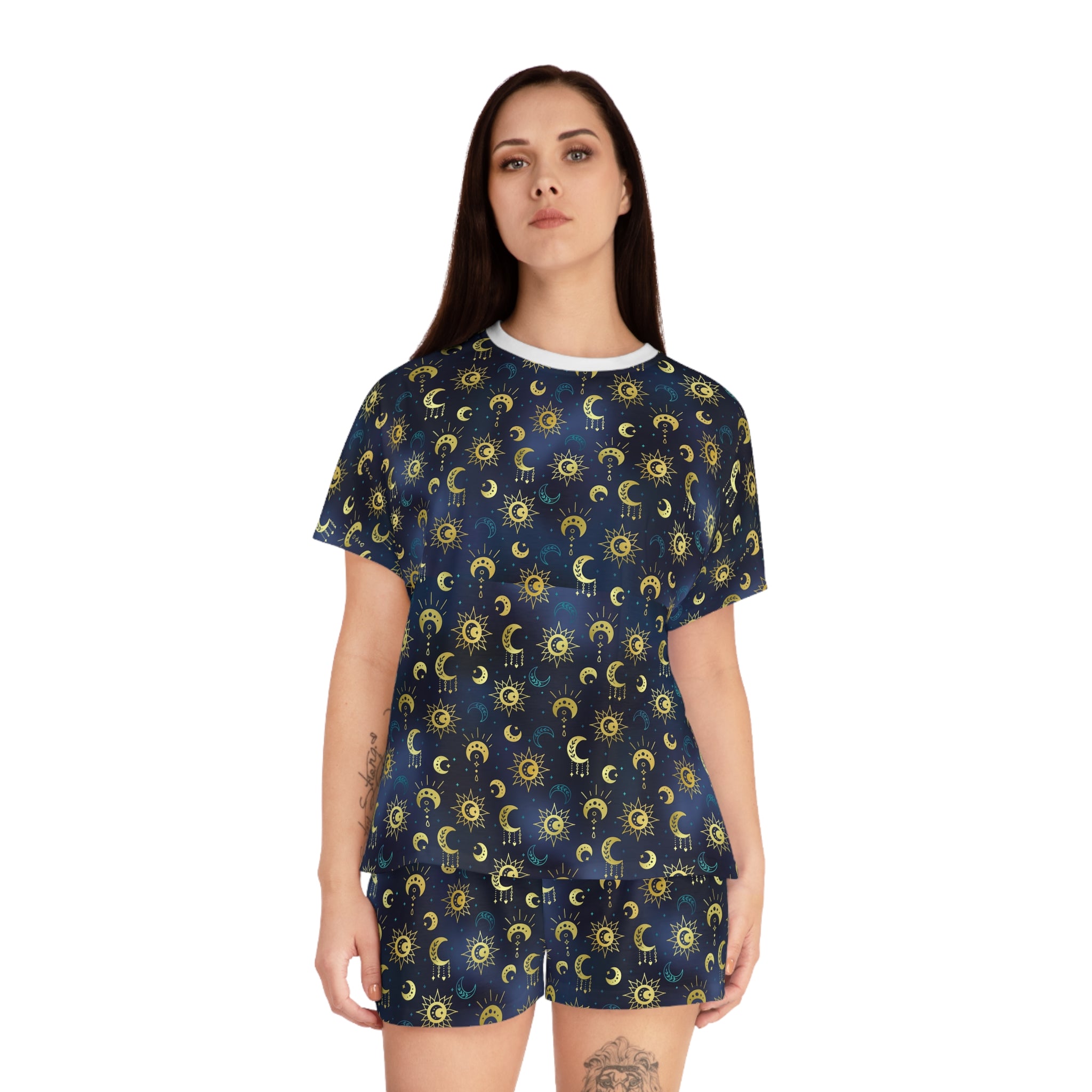 model wearing Pajama set in celestial print