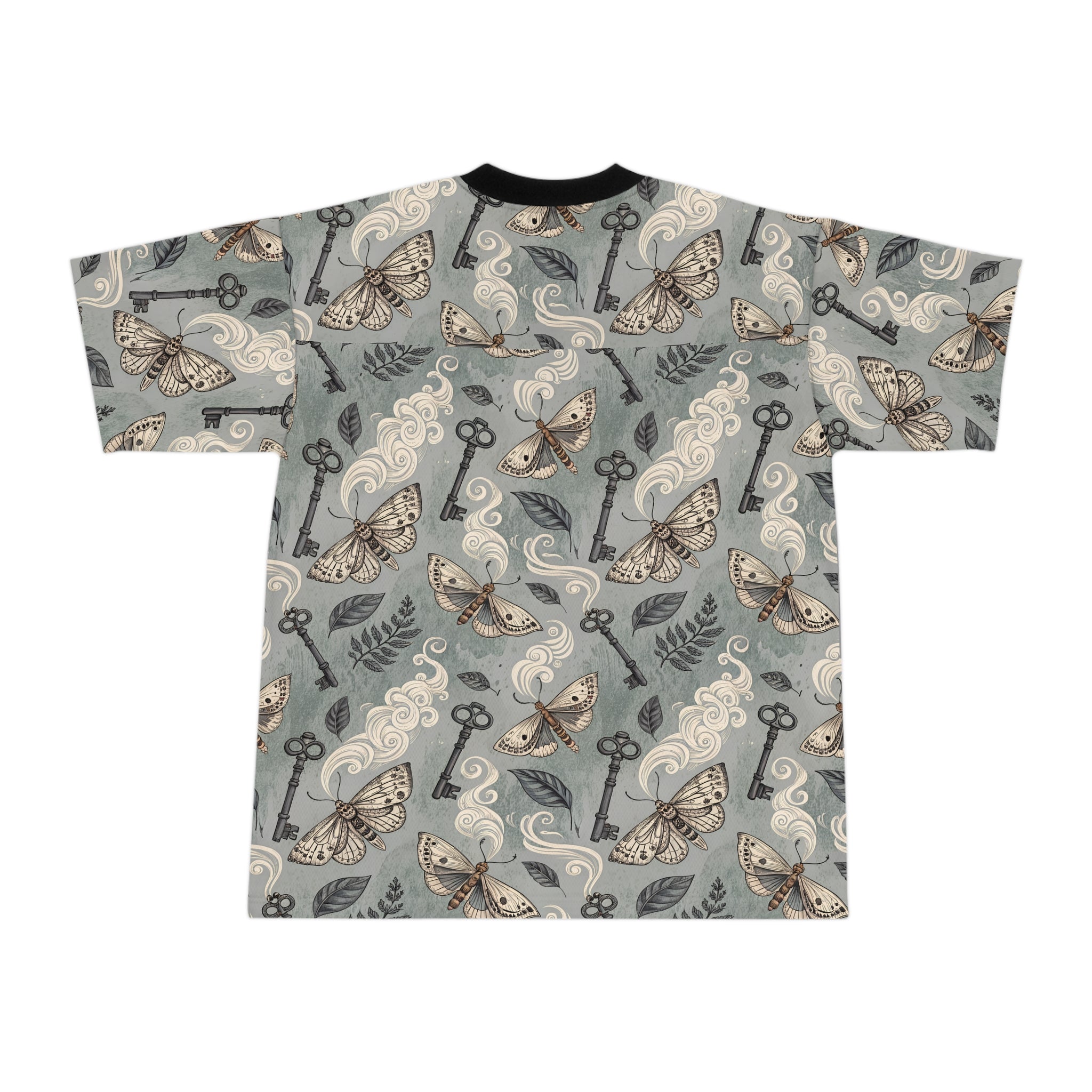 T-shirt with butterfly and key pattern on a gray background