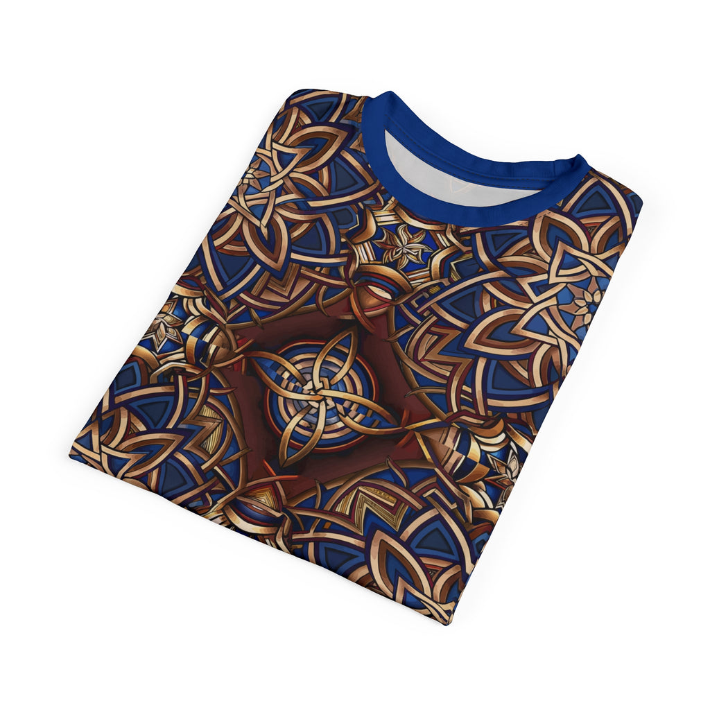Folded T-shirt with a Celtic pattern in blue and brown on a white background