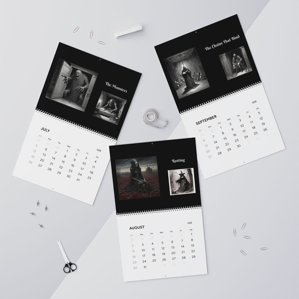 Calendar with black and white album cover images on a light gray surface.