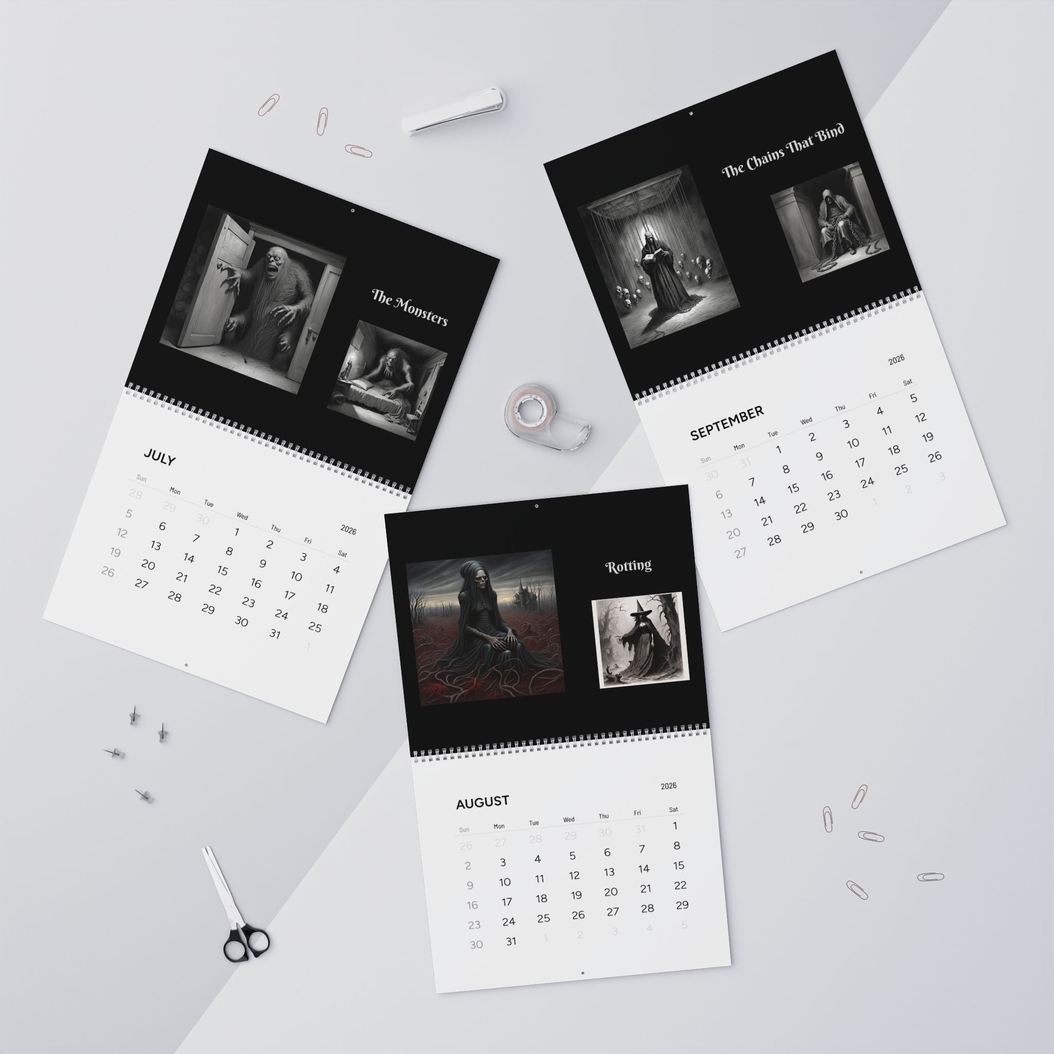 Calendar with black and white album cover images on a light gray surface.