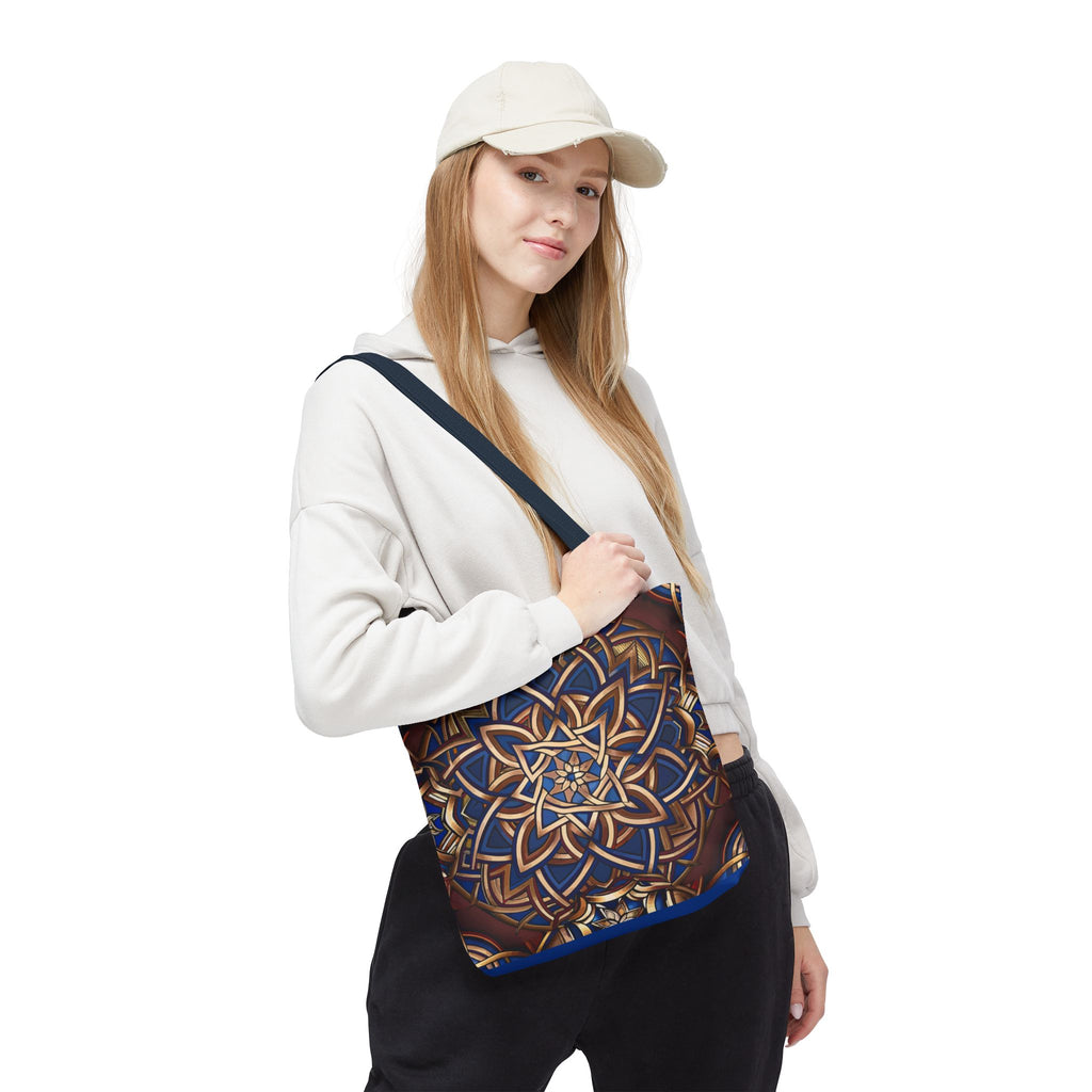 Woman holding a Celtic bag on a white background