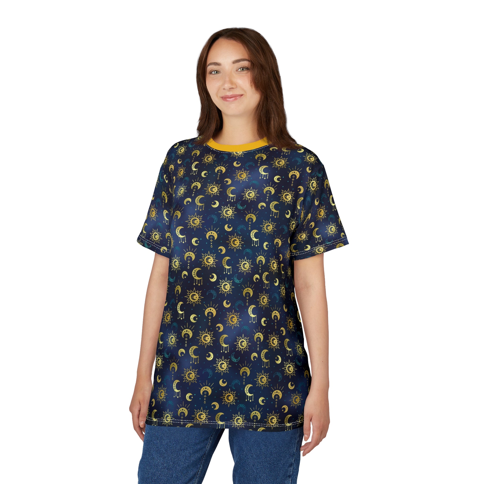Model wearing T-shirt with celestial pattern on a navy background