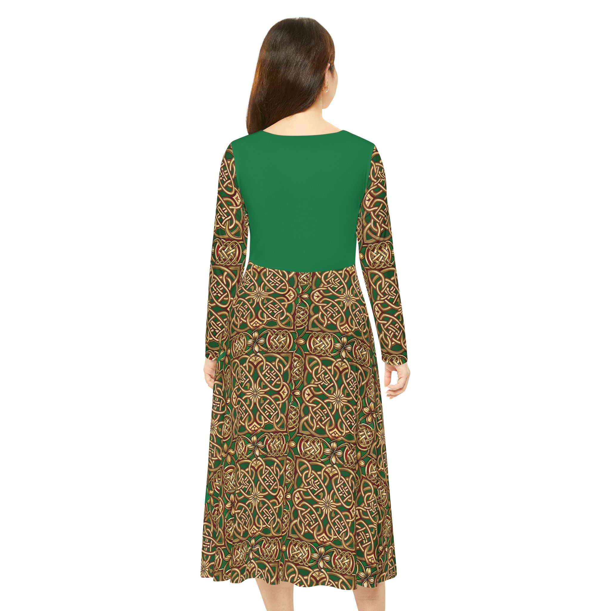 Green dress with intricate pattern on a white background
