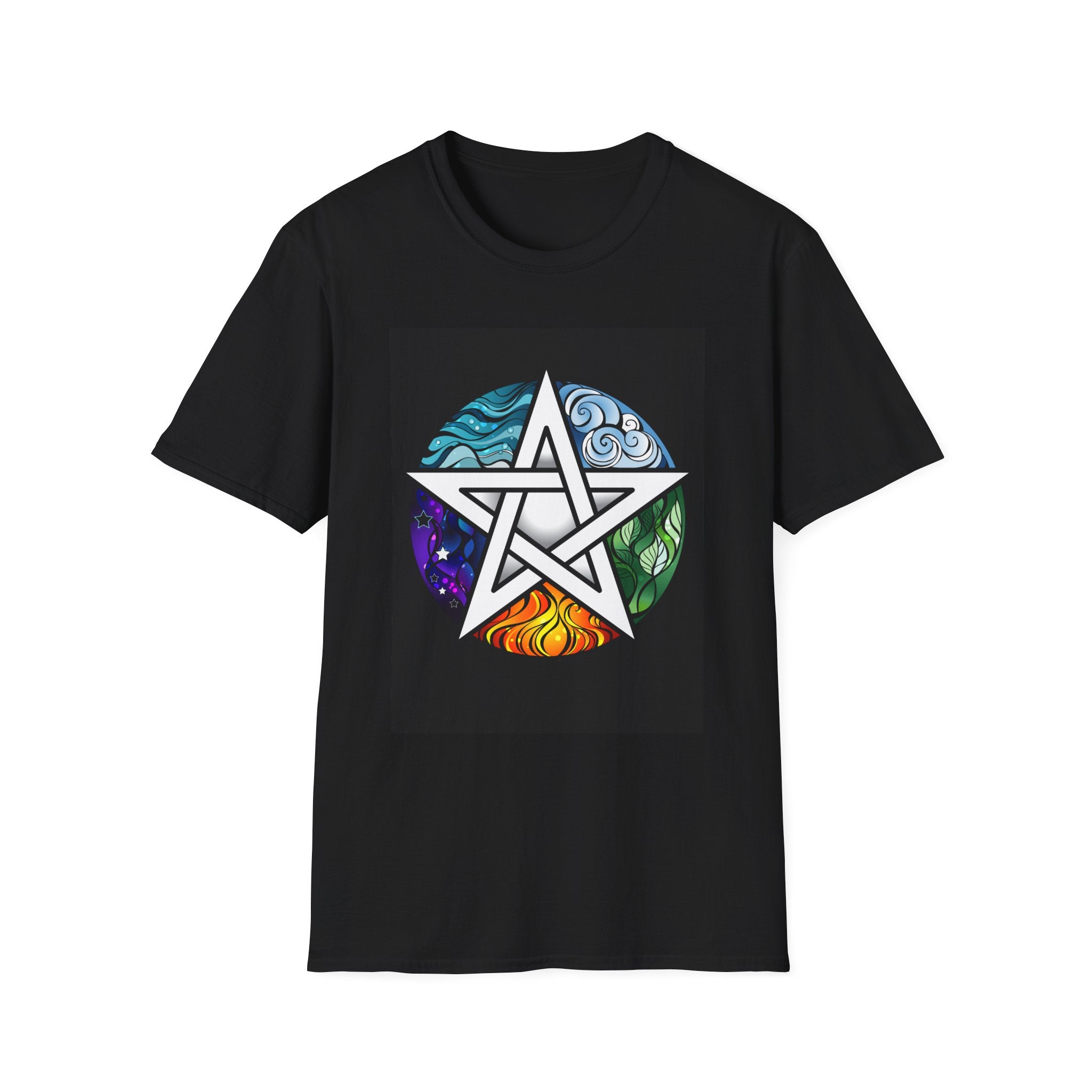 Black t-shirt with a colorful pentacle design 