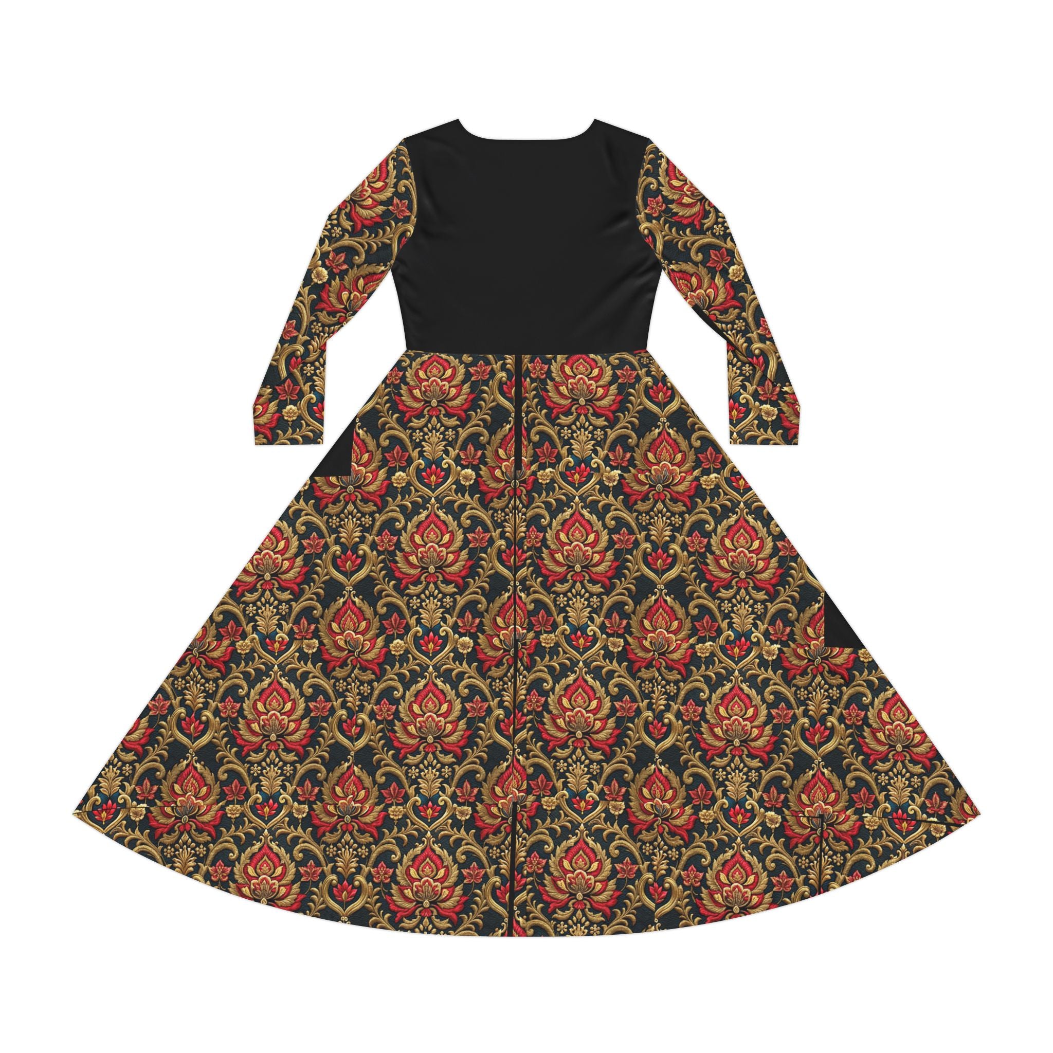 a red Victorian print dress on a white background