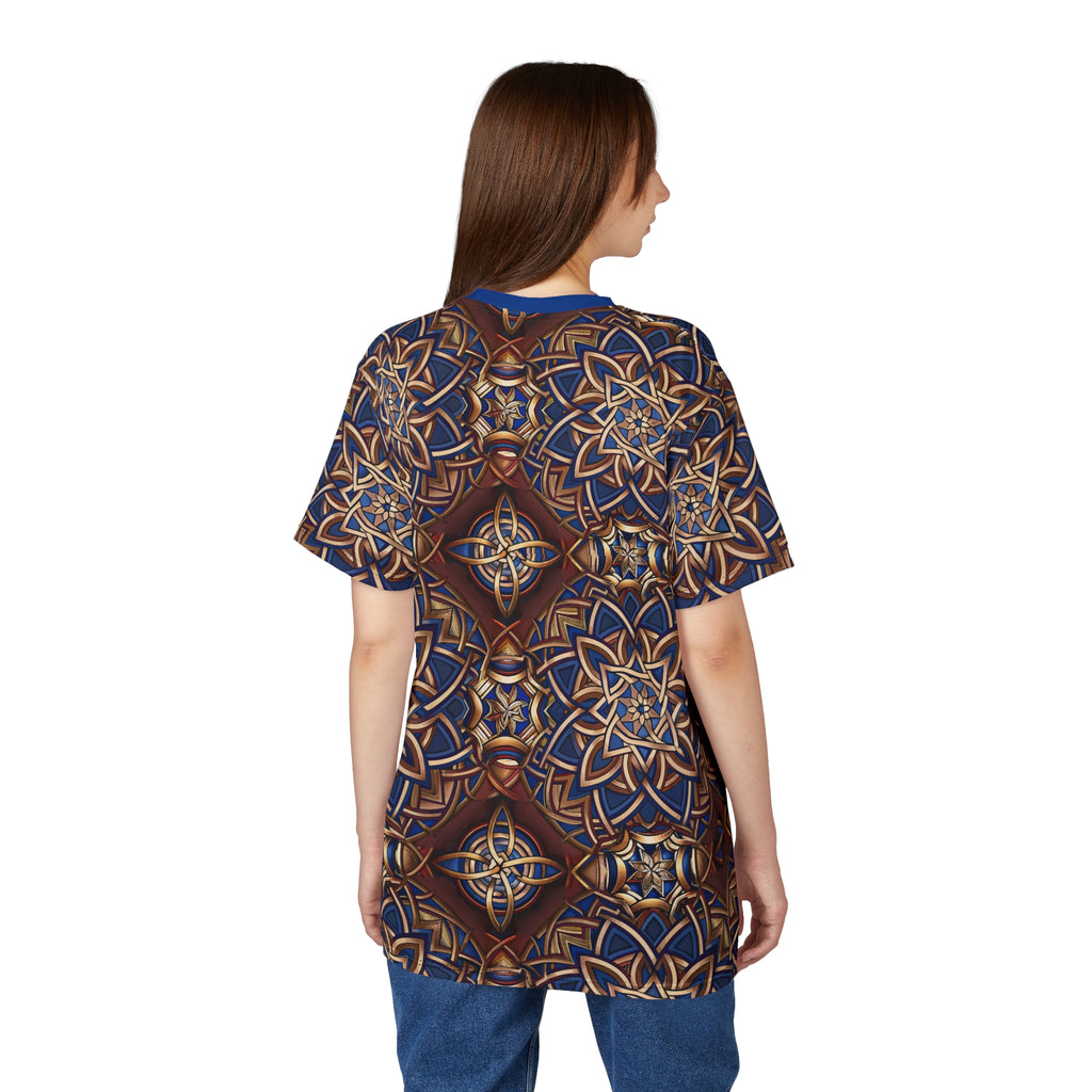 Woman wearing a patterned shirt with a white background