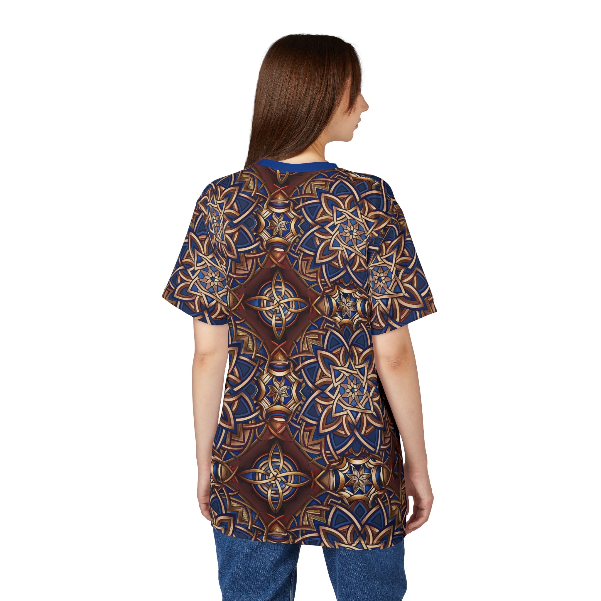 Woman wearing a patterned shirt with a white background