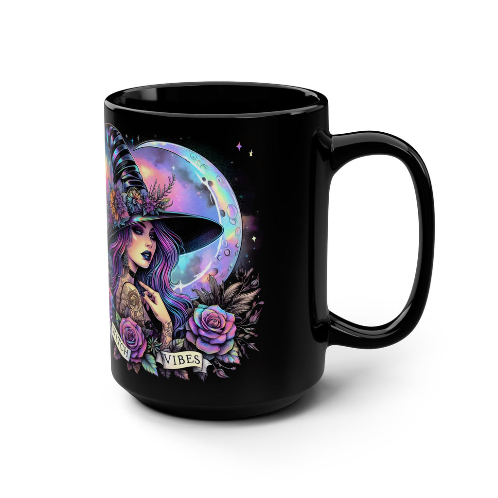 Black mug with a colorful witch design and 'Bad Witch Vibes' text on a black background