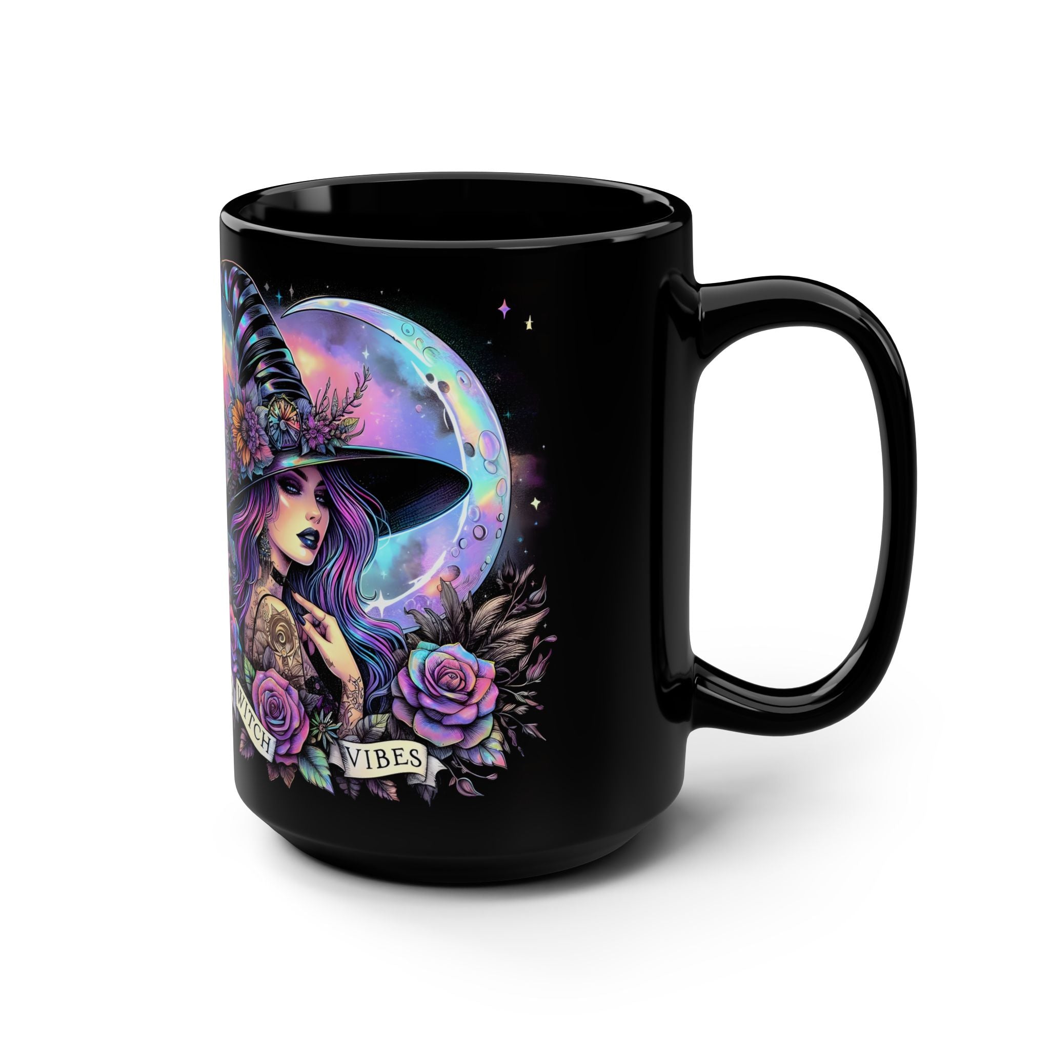 Black mug with a colorful witch design and 'Bad Witch Vibes' text on a black background