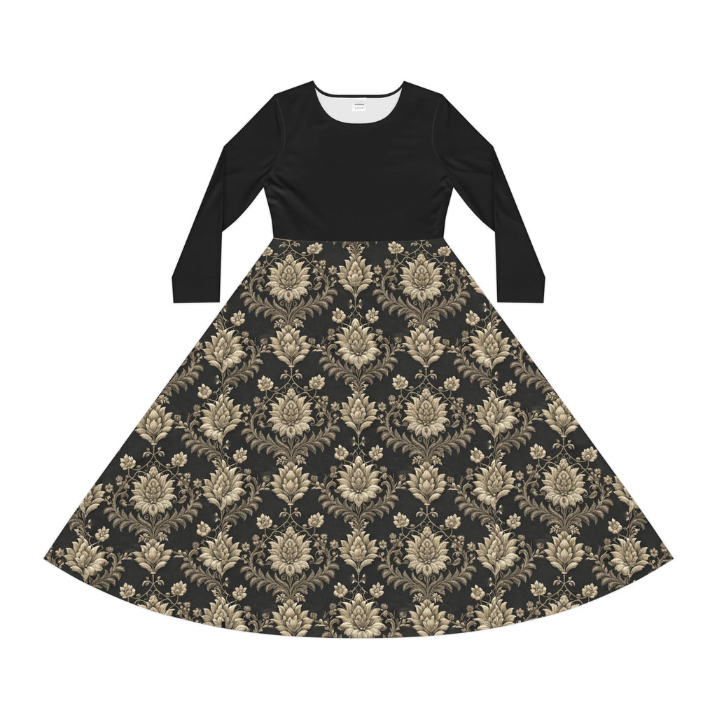  black Victorian print dress on a white background