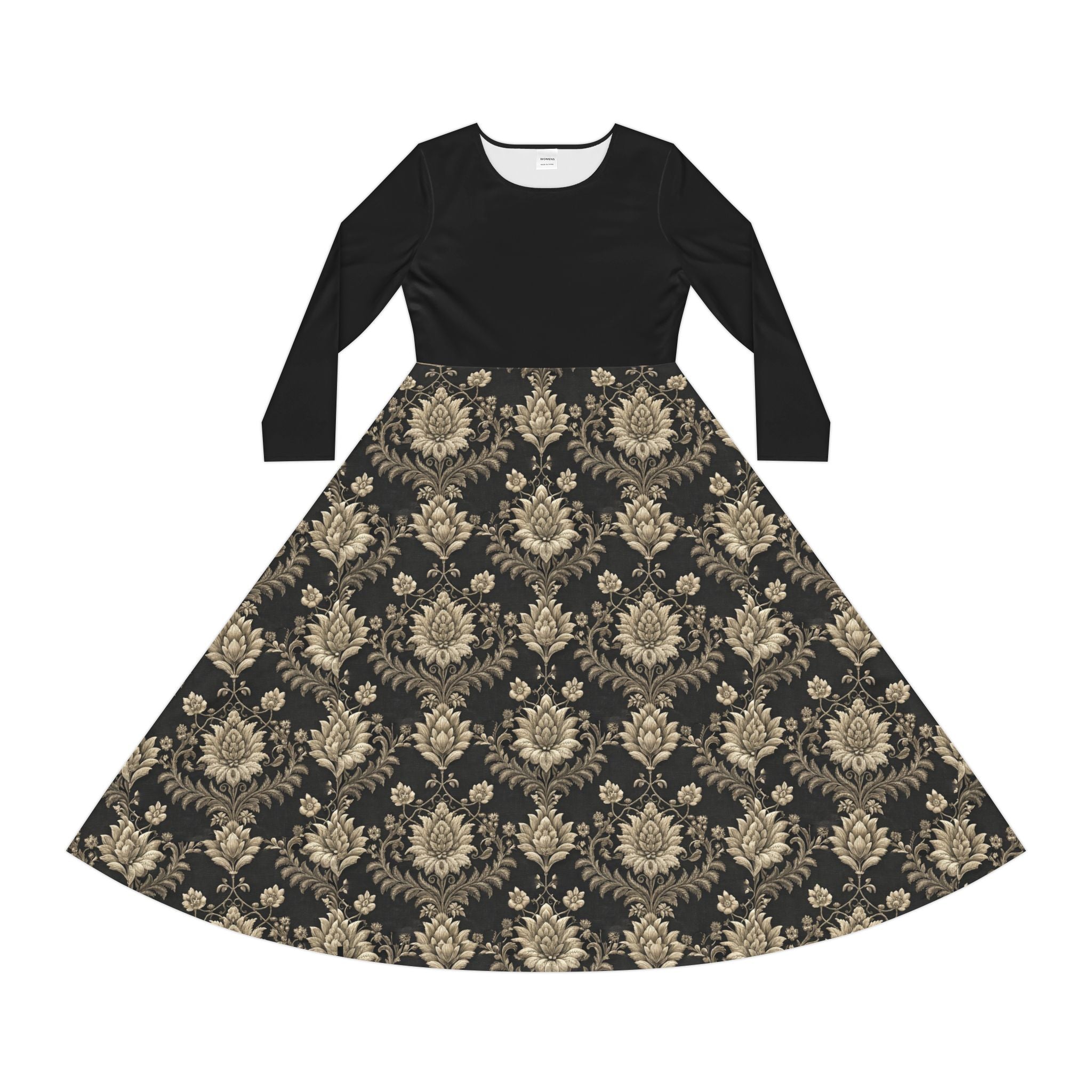  black Victorian print dress on a white background