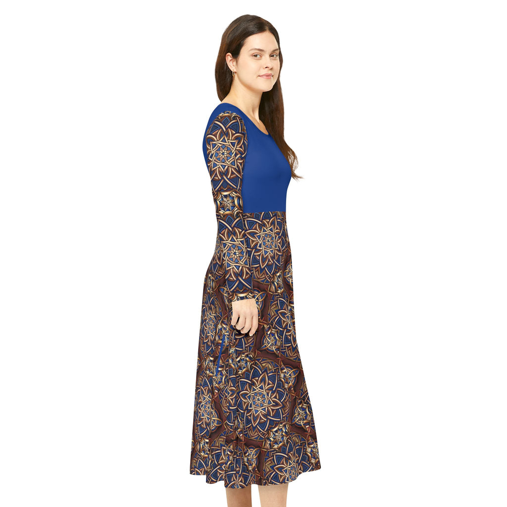  Blue dress with a Celtic patterned skirt on a white background