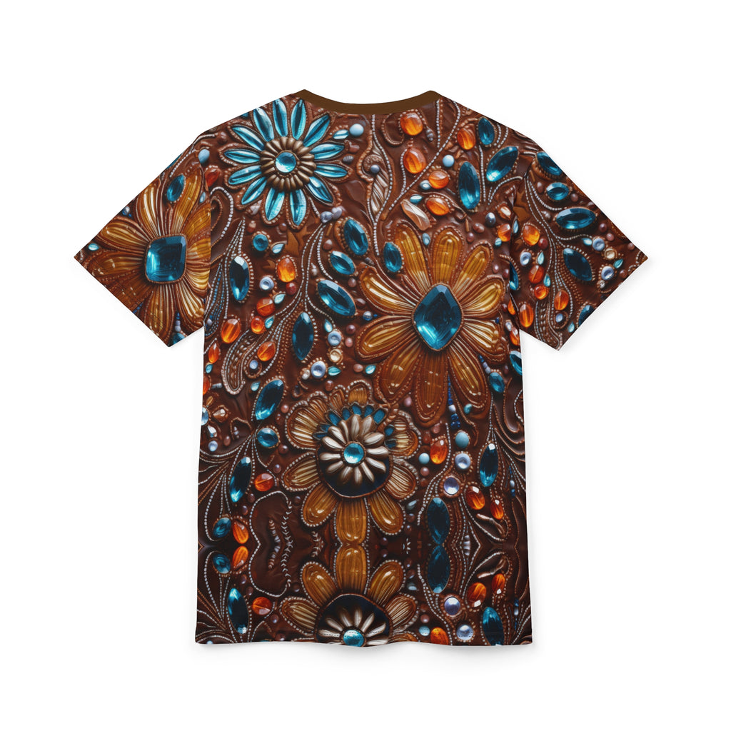 Faux jewel toned t-shirt on white background.