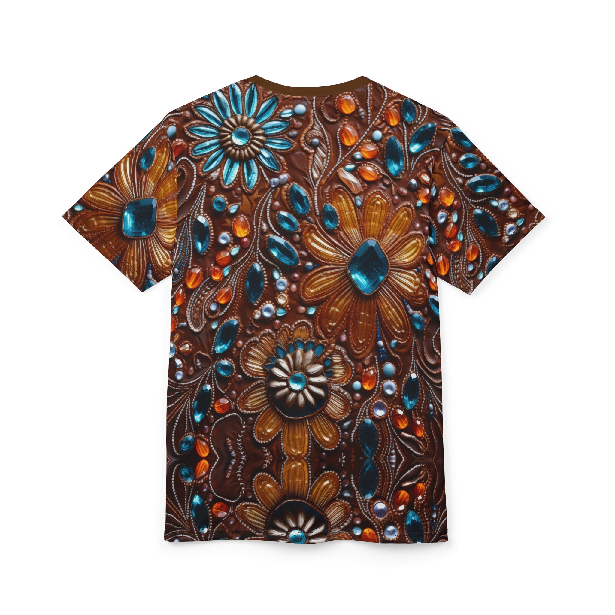 Faux jewel toned t-shirt on white background.