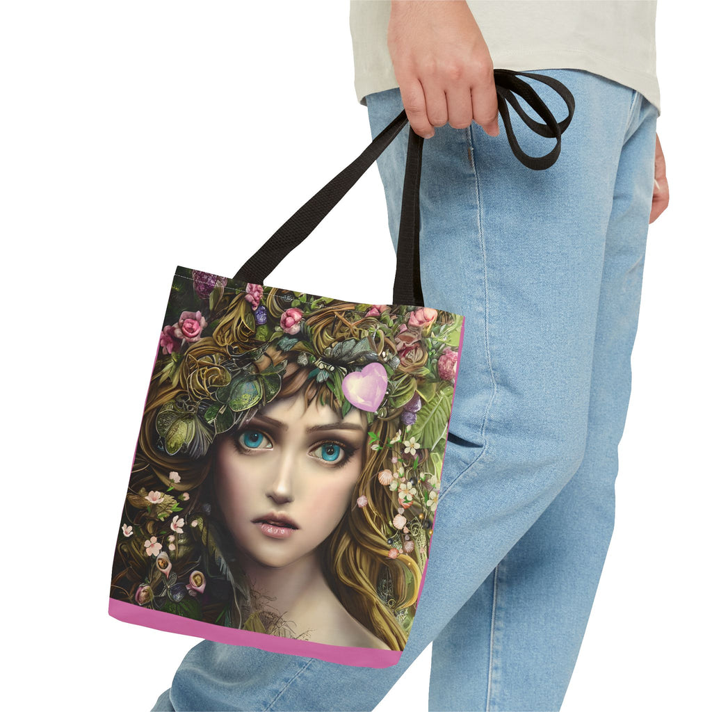 Tote bag with a design of a woman's face surrounded by flowers and leaves