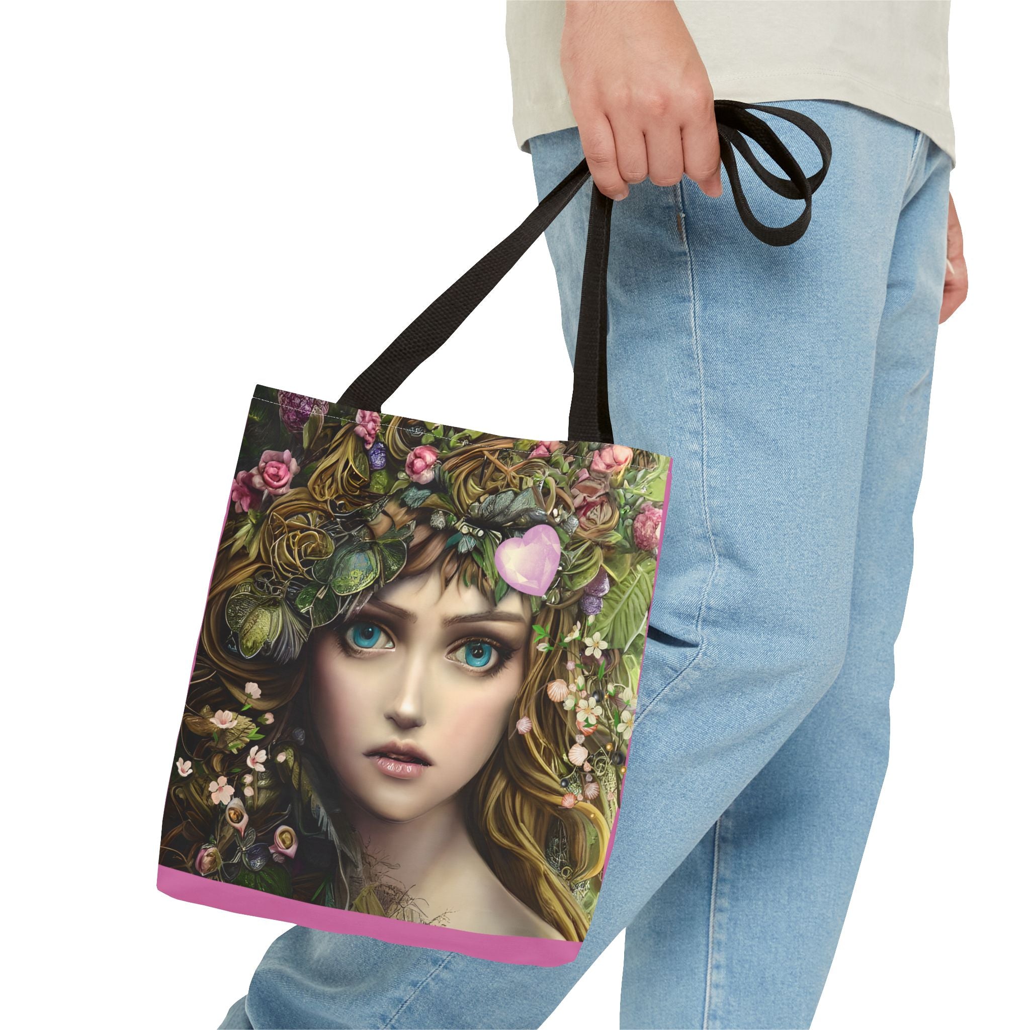 Tote bag with a design of a woman's face surrounded by flowers and leaves