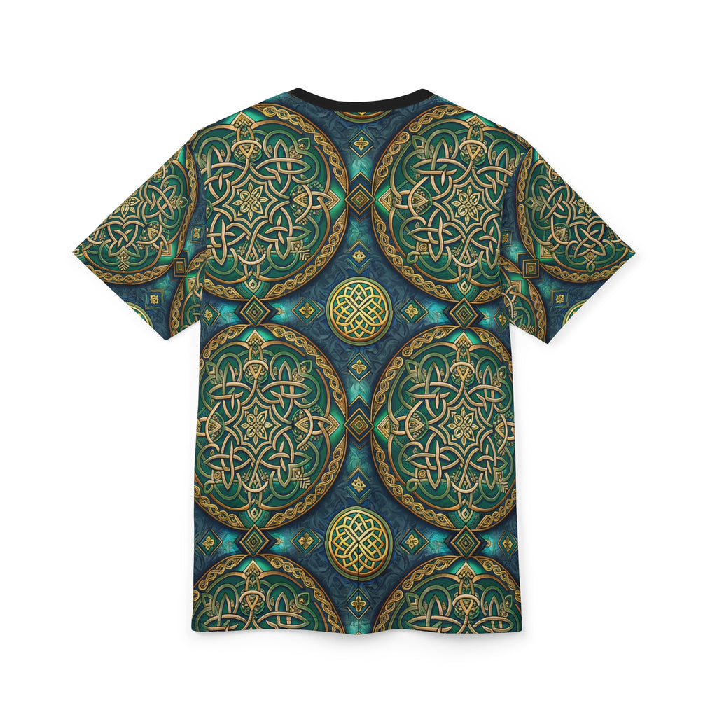 T-shirt with intricate Celtic knot green and gold patterns on a white background