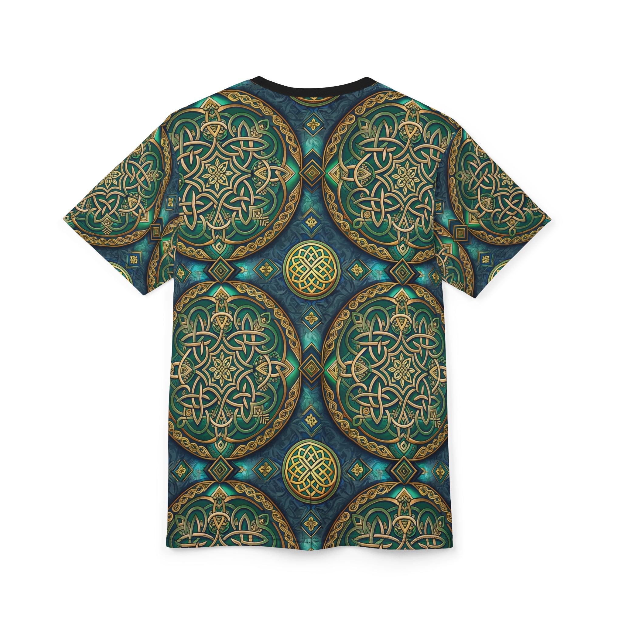 T-shirt with intricate Celtic knot green and gold patterns on a white background