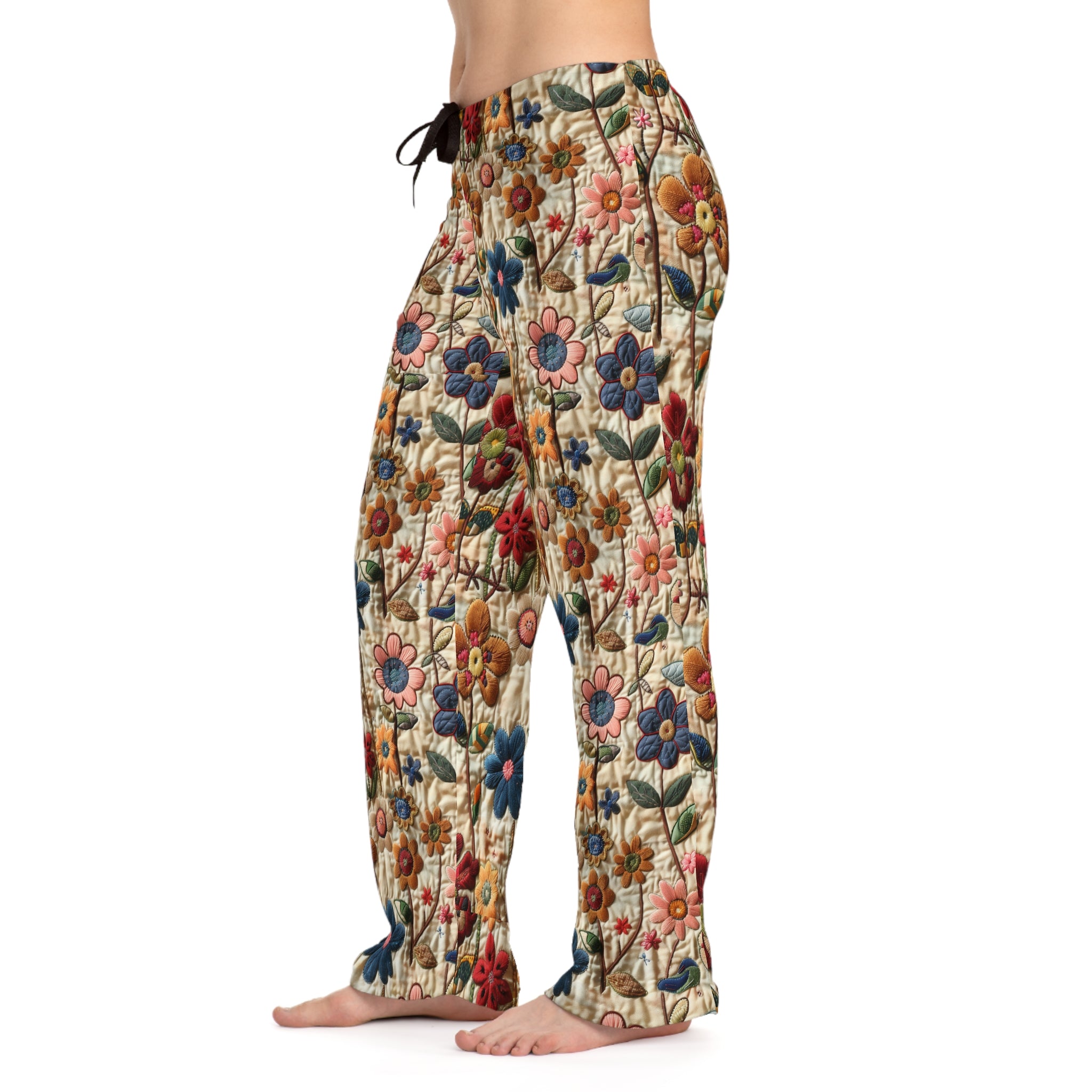 Colorful floral-patterned pants on a white background
