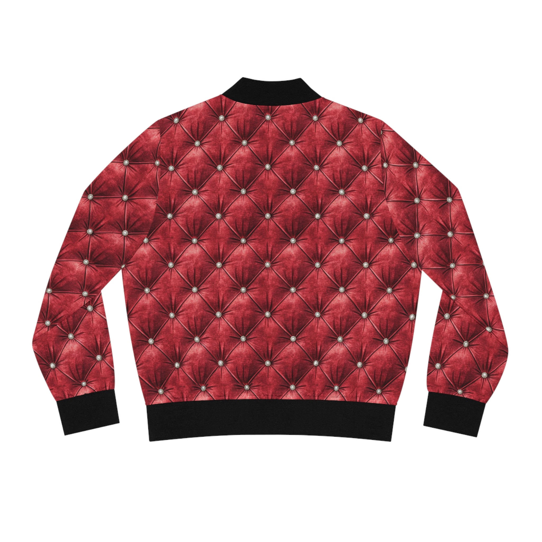 Faux tufted red jacket on a white background.