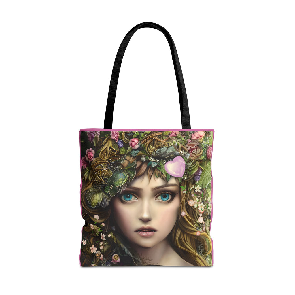 Tote bag with a design of a woman's face surrounded by flowers and leaves