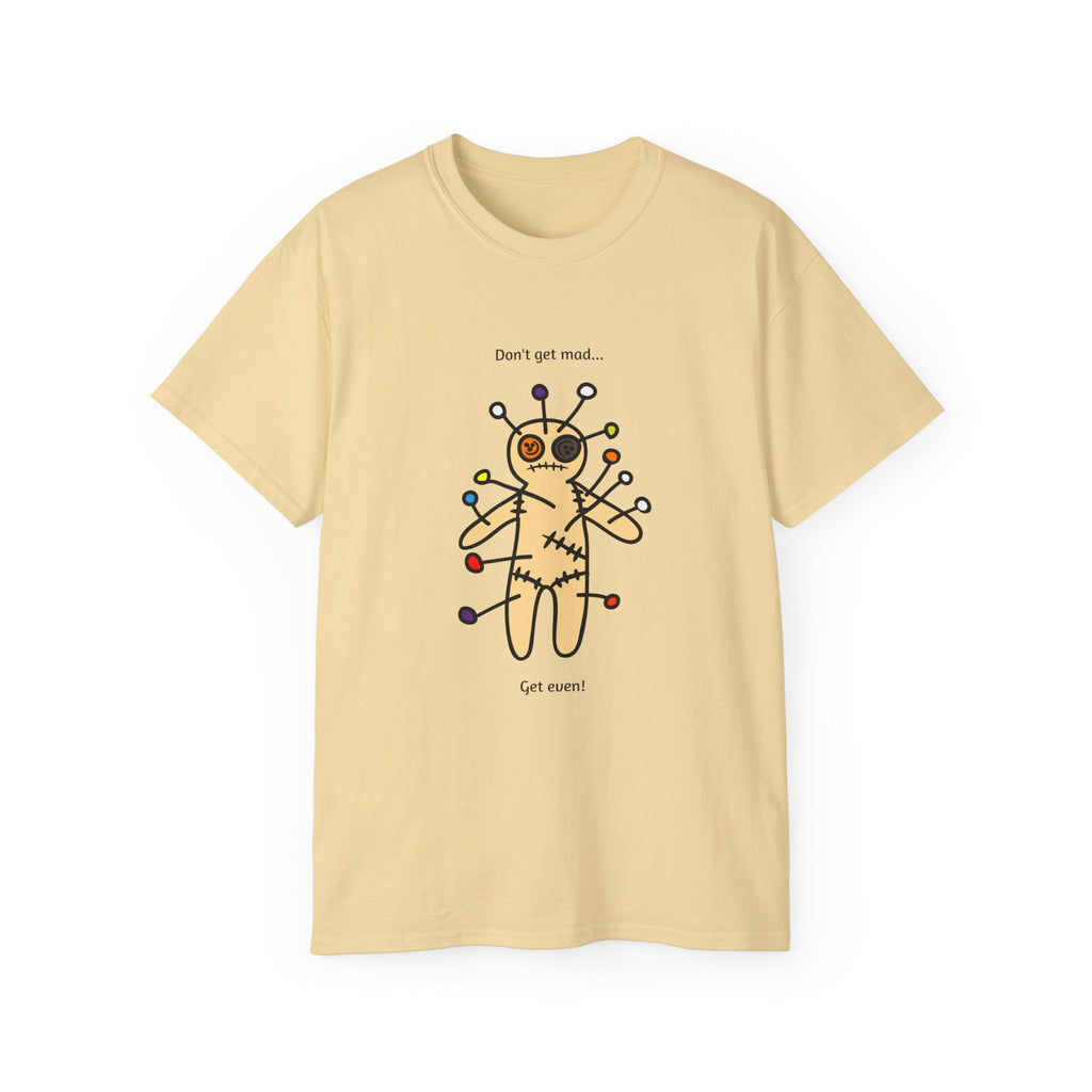 Beige t-shirt with a voodoo doll graphic and text 