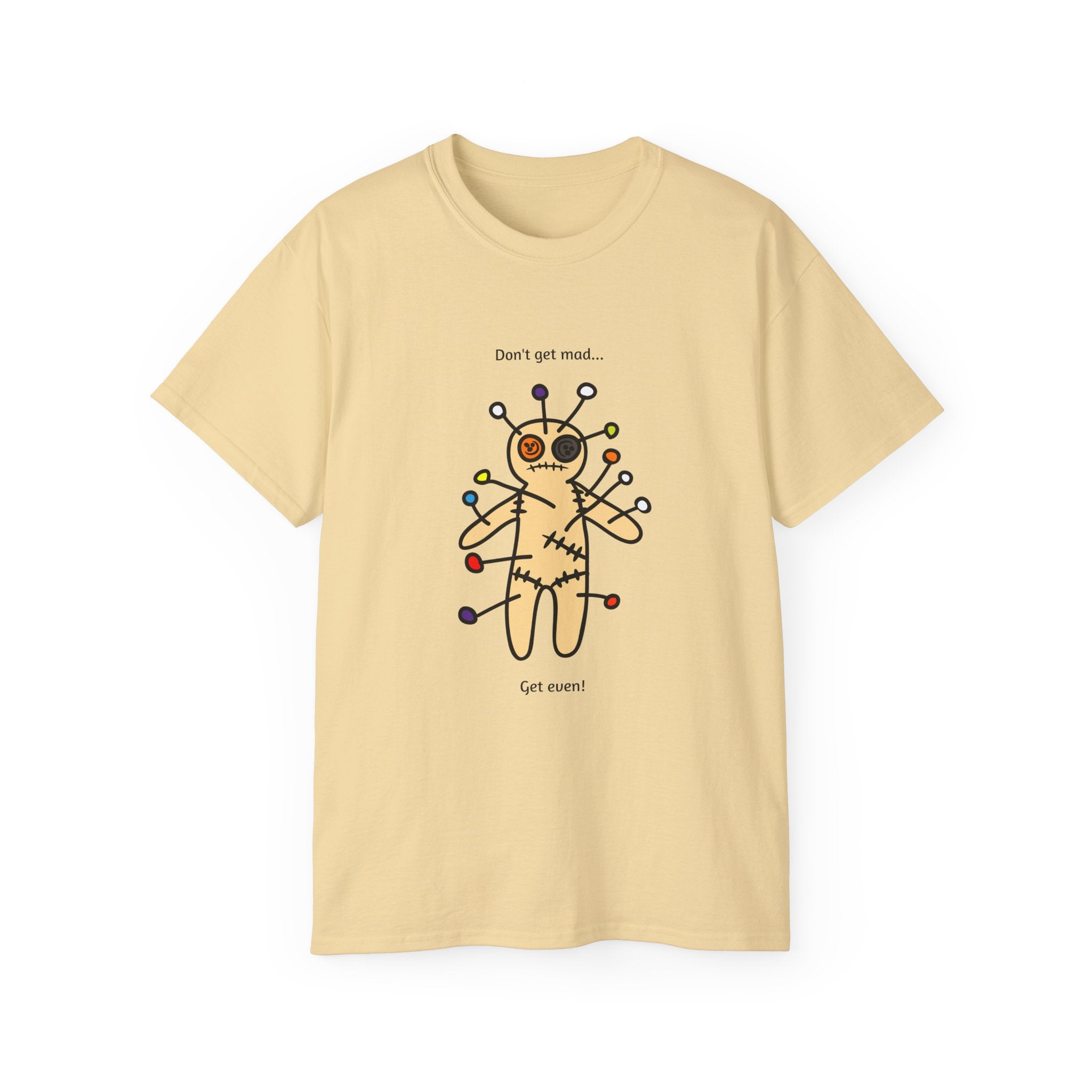 Beige t-shirt with a voodoo doll graphic and text 