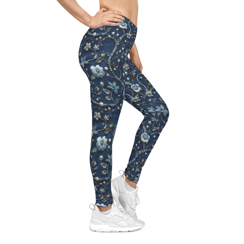 Blue floral leggings worn by a person on a white background