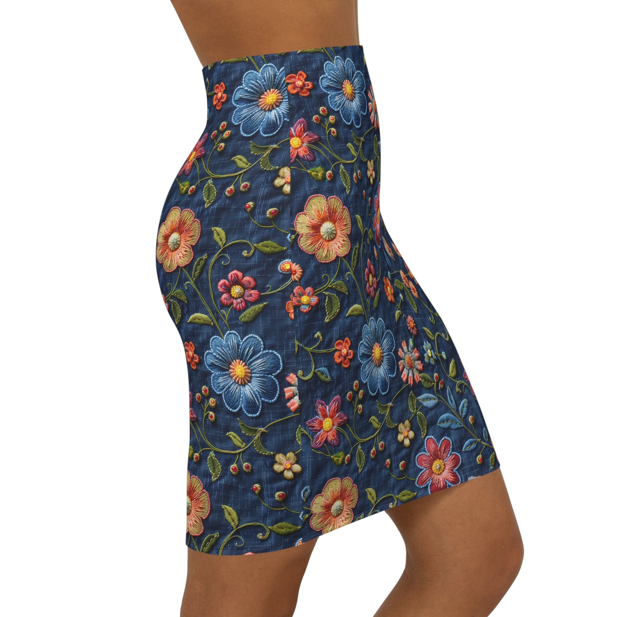 Floral Embroidered Look Denim Pencil Skirt — Mid‑Waist Retro Flower Print