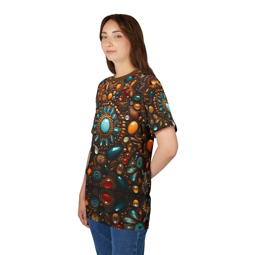 Model wearing a Faux jewel toned t-shirt on white background.