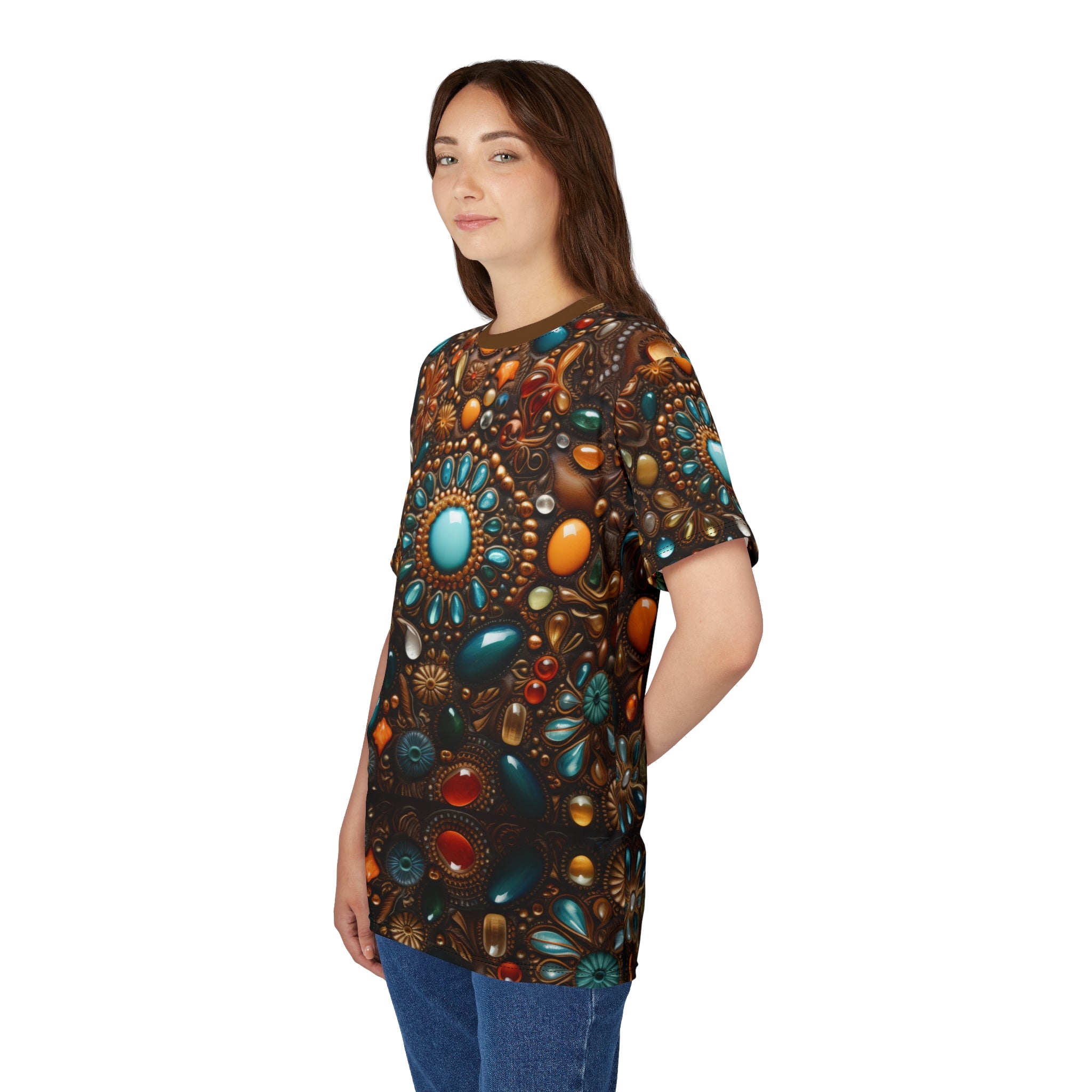 Model wearing a Faux jewel toned t-shirt on white background.