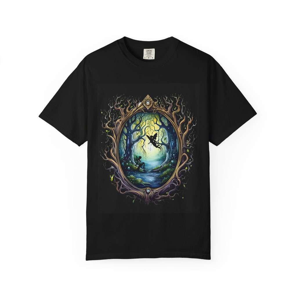 Black t-shirt with a fantasy-themed design featuring a fairy and trees 
