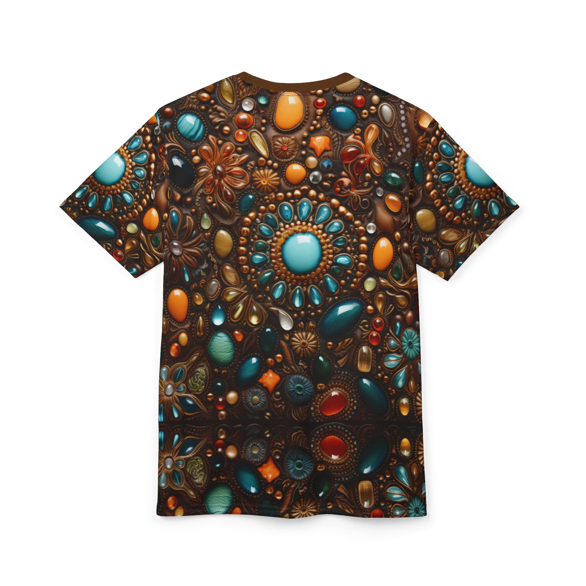 Faux jewel toned t-shirt on white background.